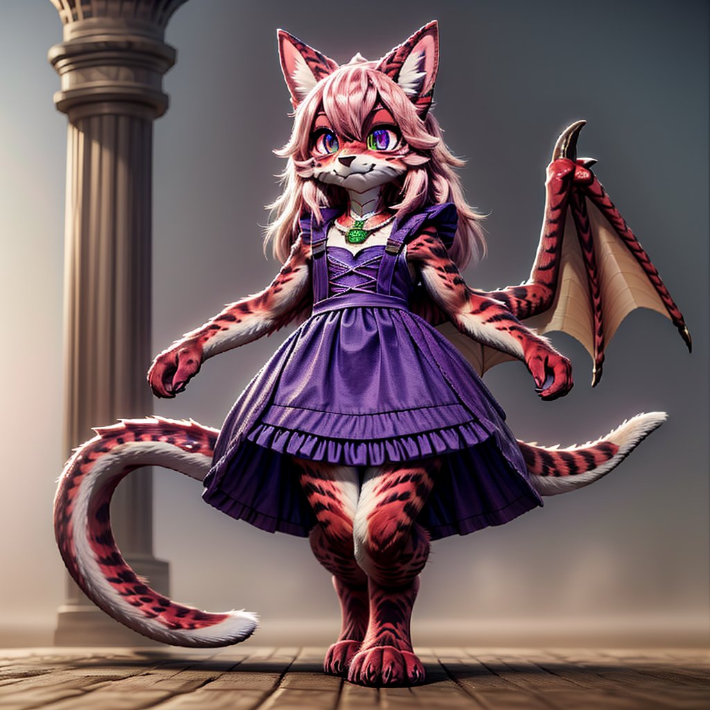 ((((full body)))), A majestic loli dragon neko stands before us. Her dark-scaled skin glistens in the soft, warm light, as if infused with an inner glow. Feline features are prominent - cat ears perked up and a long, fluffy tail extending from her posterior. A Lolita dress of mixed red, pink, and black patterns wraps around her slender form, creating a striking contrast against her dark scales. The overall composition is framed by a subtle gradient of blues and purples in the background, subtly evoking a sense of mystique and wonder.,green reptile hands,Monster girl,Dragon girl,furry,furry female,body fur,animal ear fluff,animal ears,fang