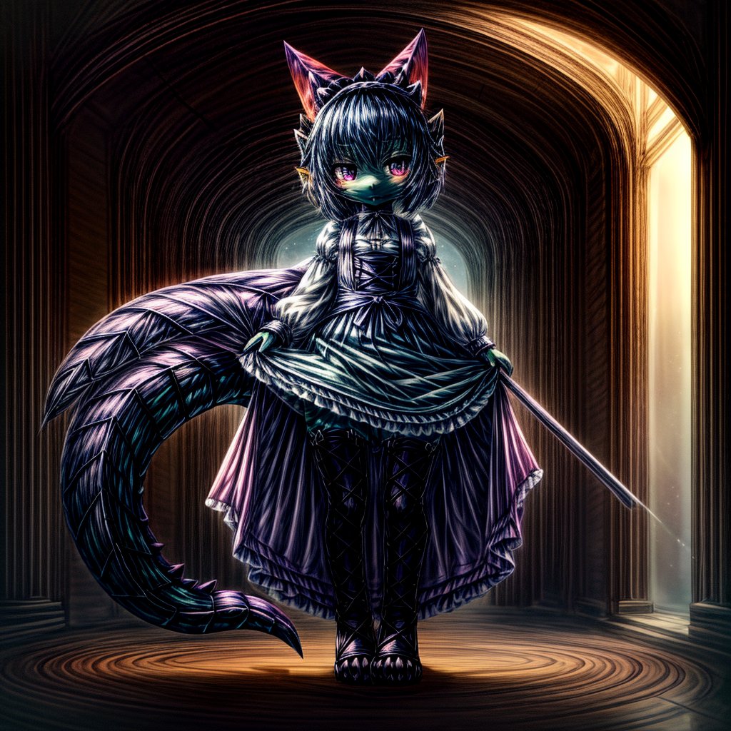 ((((full body)))), A majestic loli dragon neko stands before us. Her dark-scaled skin glistens in the soft, warm light, as if infused with an inner glow. Feline features are prominent - cat ears perked up and a long, fluffy tail extending from her posterior. A Lolita dress of mixed red, pink, and black patterns wraps around her slender form, creating a striking contrast against her dark scales. The overall composition is framed by a subtle gradient of blues and purples in the background, subtly evoking a sense of mystique and wonder.,green reptile hands,Monster girl,Dragon girl