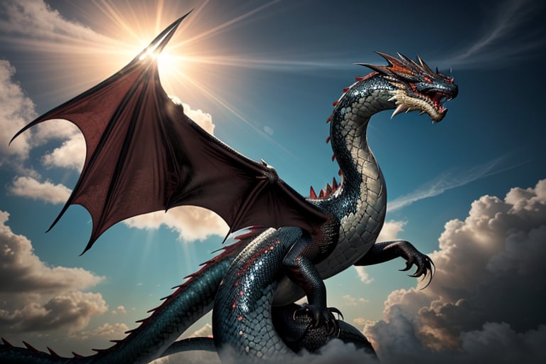 A majestic snake-like dragon with sharp claws soars through a turbulent sky, her metallic red and black scales shimmering as she weaves between the clouds. The camera zooms in on her scales as she banks to the left, revealing the textured patterns of her body. Clouds swirl around her like wisps of smoke, illuminated by warm sunlight casting long shadows across her form.