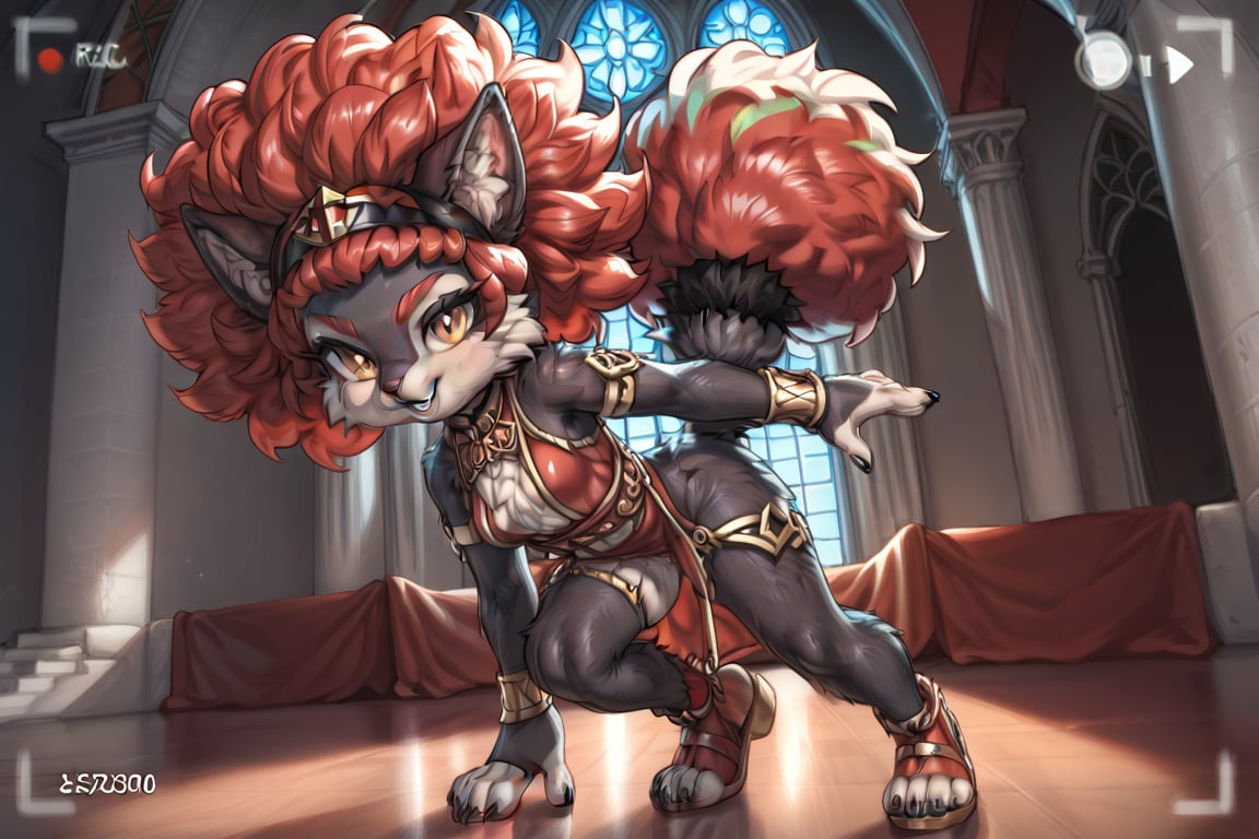 A full-body illustration of a young girl with cat ears and a long, bushy cat tail, featuring reddish-black fur. She has a large, vibrant afro styled in red hair, complemented by black fingernails and black toenails. The girl is dressed in a unique habit suitable for church, showcasing intricate details. The artwork should present viewfinder to highlight her playful demeanor and the texture of her fur skin, capturing both her feline traits and youthful charm,score_9,ssource_furry,furry,anthro,detailed fur,body fur,tuft,fluffy