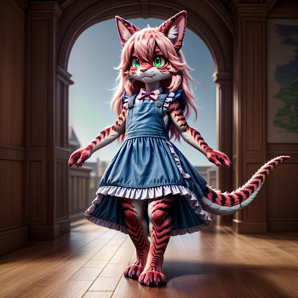 ((((full body)))), A majestic loli dragon neko stands before us. Her dark-scaled skin glistens in the soft, warm light, as if infused with an inner glow. Feline features are prominent - cat ears perked up and a long, fluffy tail extending from her posterior. A Lolita dress of mixed red, pink, and black patterns wraps around her slender form, creating a striking contrast against her dark scales. The overall composition is framed by a subtle gradient of blues and purples in the background, subtly evoking a sense of mystique and wonder.,green reptile hands,Monster girl,Dragon girl,furry,furry female,body fur,animal ear fluff,animal ears,fang