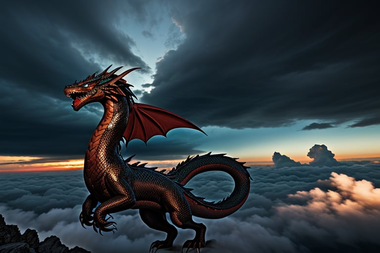 A majestic snake-like dragon with sharp claws soars through a turbulent sky, her metallic red and black scales shimmering as she weaves between the clouds.