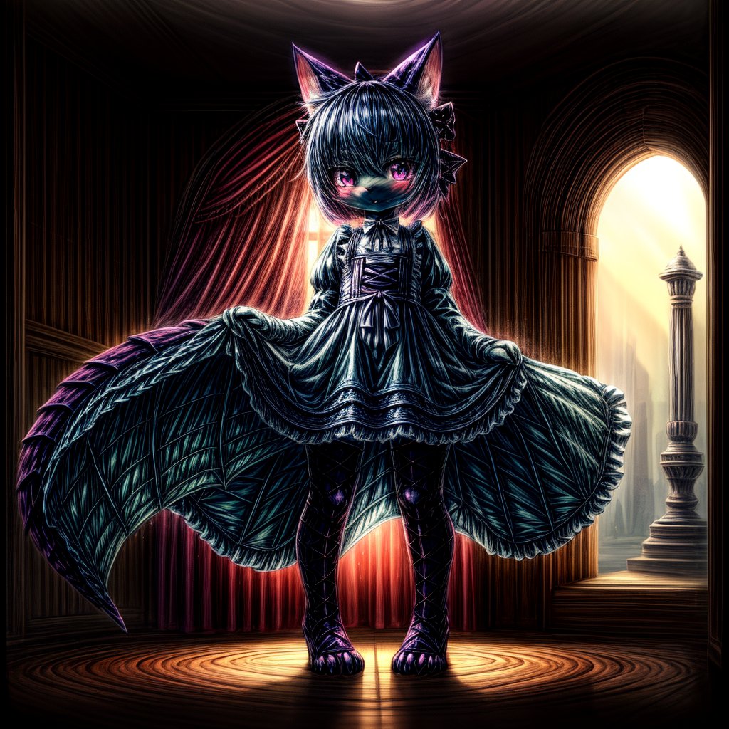 ((((full body)))), A majestic loli dragon neko stands before us. Her dark-scaled skin glistens in the soft, warm light, as if infused with an inner glow. Feline features are prominent - cat ears perked up and a long, fluffy tail extending from her posterior. A Lolita dress of mixed red, pink, and black patterns wraps around her slender form, creating a striking contrast against her dark scales. The overall composition is framed by a subtle gradient of blues and purples in the background, subtly evoking a sense of mystique and wonder.,green reptile hands,Monster girl,Dragon girl