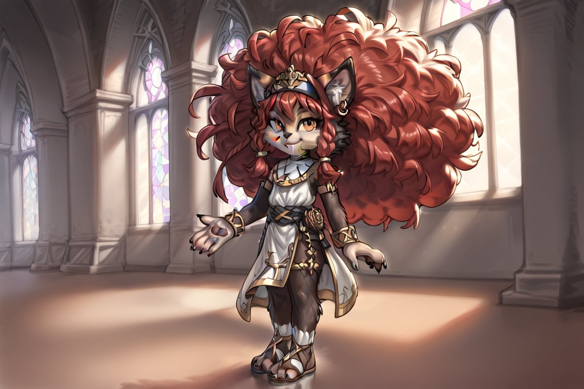 A young girl, sporting a vibrant afro and bright red locks, poses confidently with a bold smile. Her reddish-black fur and cat-like ears add a whimsical touch to her overall appearance. A habit adorns her waist, while black fingernails and toenails complete her striking look. She stands in front of a church backdrop, fully framed from head to toe, bathed in warm golden lighting that accentuates the rich colors of her fur and skin.,score_9,ssource_furry,furry,anthro,detailed fur,body fur,tuft,fluffy