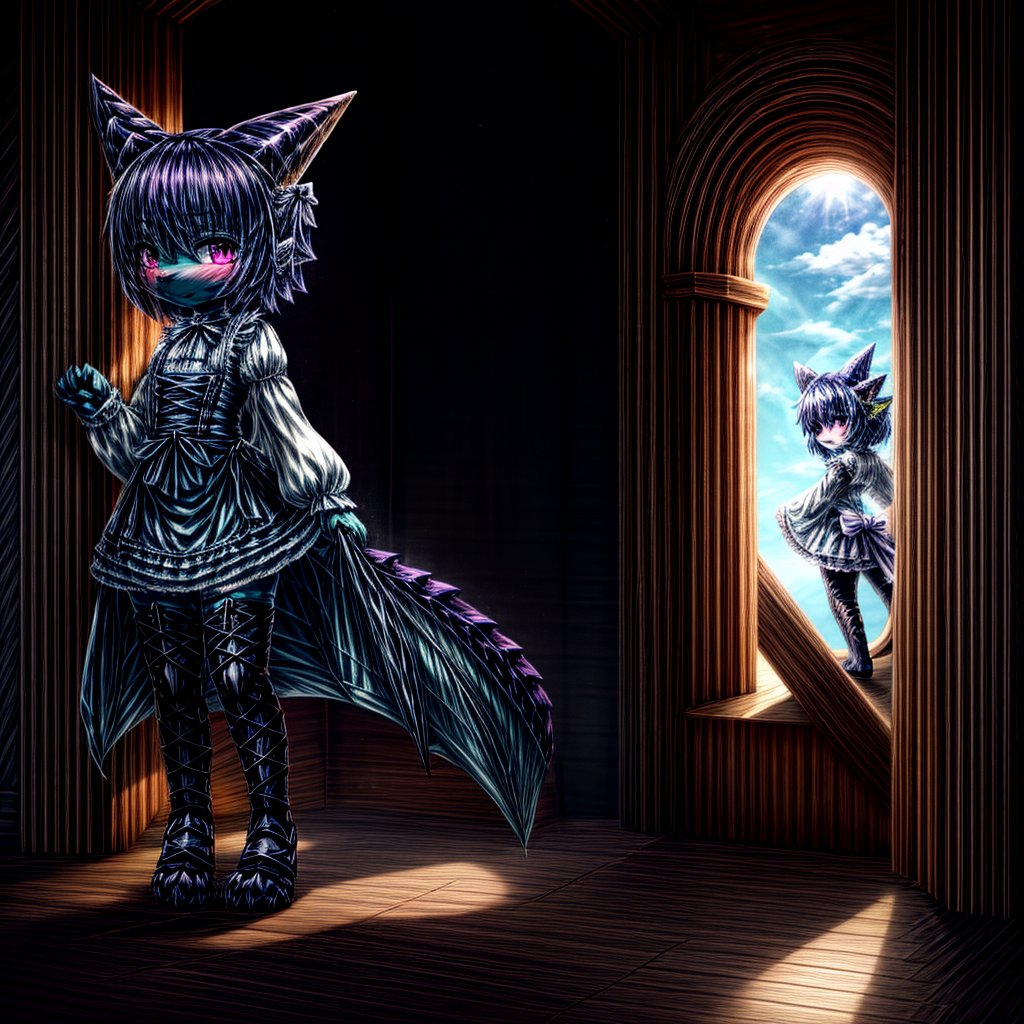 ((((full body)))), A majestic loli dragon neko stands before us. Her dark-scaled skin glistens in the soft, warm light, as if infused with an inner glow. Feline features are prominent - cat ears perked up and a long, fluffy tail extending from her posterior. A Lolita dress of mixed red, pink, and black patterns wraps around her slender form, creating a striking contrast against her dark scales. The overall composition is framed by a subtle gradient of blues and purples in the background, subtly evoking a sense of mystique and wonder.,green reptile hands,Monster girl,Dragon girl