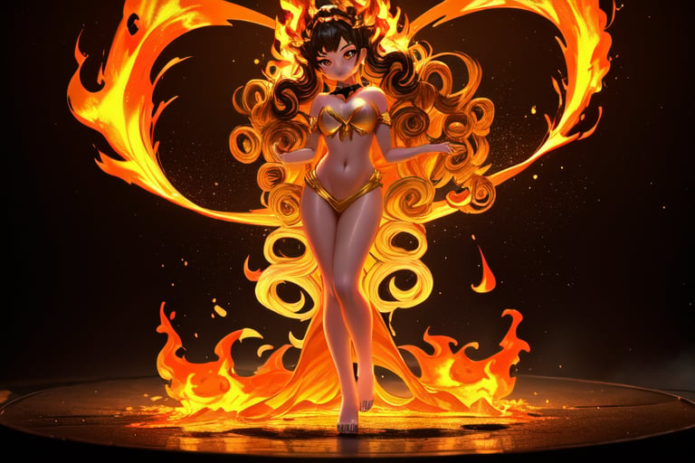 A fiery inferno engulfs the frame as a mesmerizing little girl's body is sculpted from blazing flames. Her porcelain-like skin glows with an ethereal warmth, as if kissed by the divine. Golden hues dance across her features, casting a radiant glow on the darkened surroundings. Full-body shot captures the fluid, fiery form, with tendrils of flame curling around her tiny hands and toes.,cartoon art