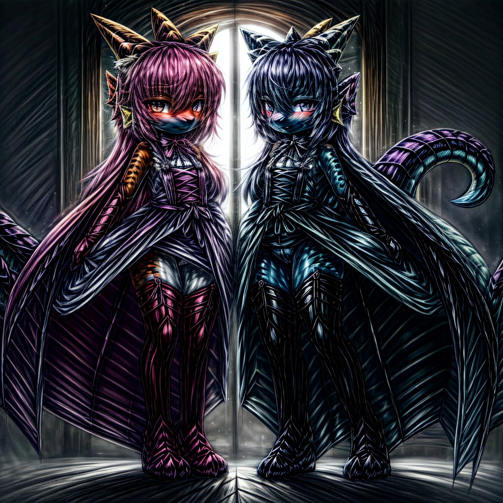 ((((full body)))), A majestic loli dragon neko stands before us. Her dark-scaled skin glistens in the soft, warm light, as if infused with an inner glow. Feline features are prominent - cat ears perked up and a long, fluffy tail extending from her posterior. A Lolita dress of mixed red, pink, and black patterns wraps around her slender form, creating a striking contrast against her dark scales. The overall composition is framed by a subtle gradient of blues and purples in the background, subtly evoking a sense of mystique and wonder.,green reptile hands,Monster girl,Dragon girl