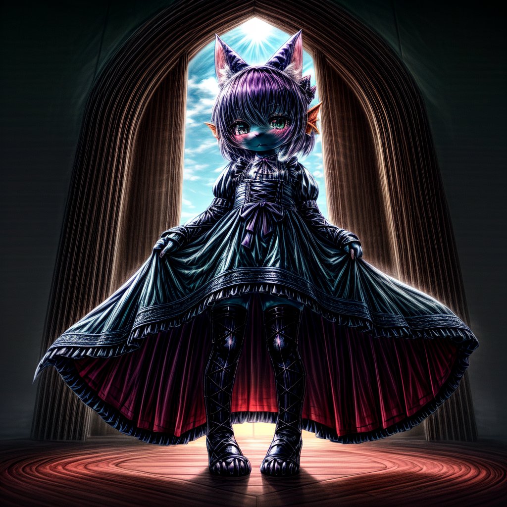 ((((full body)))), A majestic loli dragon neko stands before us. Her dark-scaled skin glistens in the soft, warm light, as if infused with an inner glow. Feline features are prominent - cat ears perked up and a long, fluffy tail extending from her posterior. A Lolita dress of mixed red, pink, and black patterns wraps around her slender form, creating a striking contrast against her dark scales. The overall composition is framed by a subtle gradient of blues and purples in the background, subtly evoking a sense of mystique and wonder.,green reptile hands,Monster girl,Dragon girl