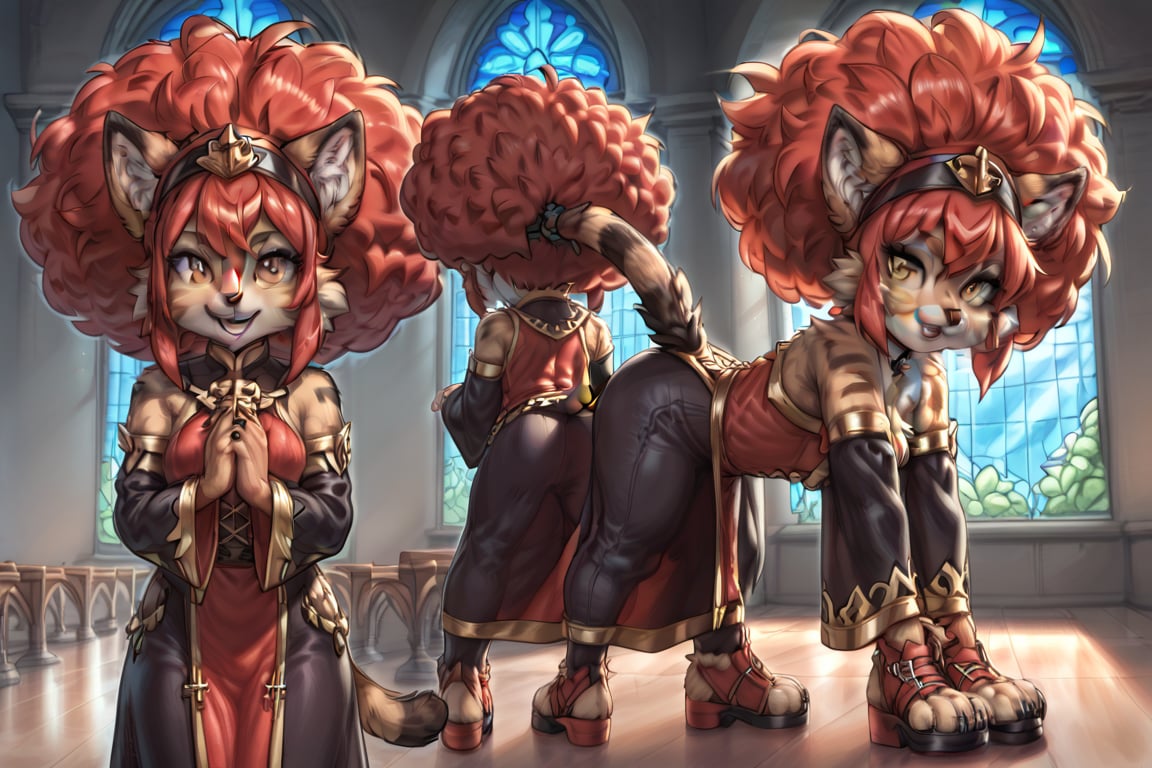 A full-body illustration of a young girl with cat ears and a long, bushy cat tail, featuring reddish-black fur. She has a large, vibrant afro styled in red hair, complemented by black fingernails and black toenails. The girl is dressed in a unique habit suitable for church, showcasing intricate details. The artwork should present multiple views to highlight her playful demeanor and the texture of her fur skin, capturing both her feline traits and youthful charm,score_9,ssource_furry,furry,anthro,detailed fur,body fur,tuft,fluffy