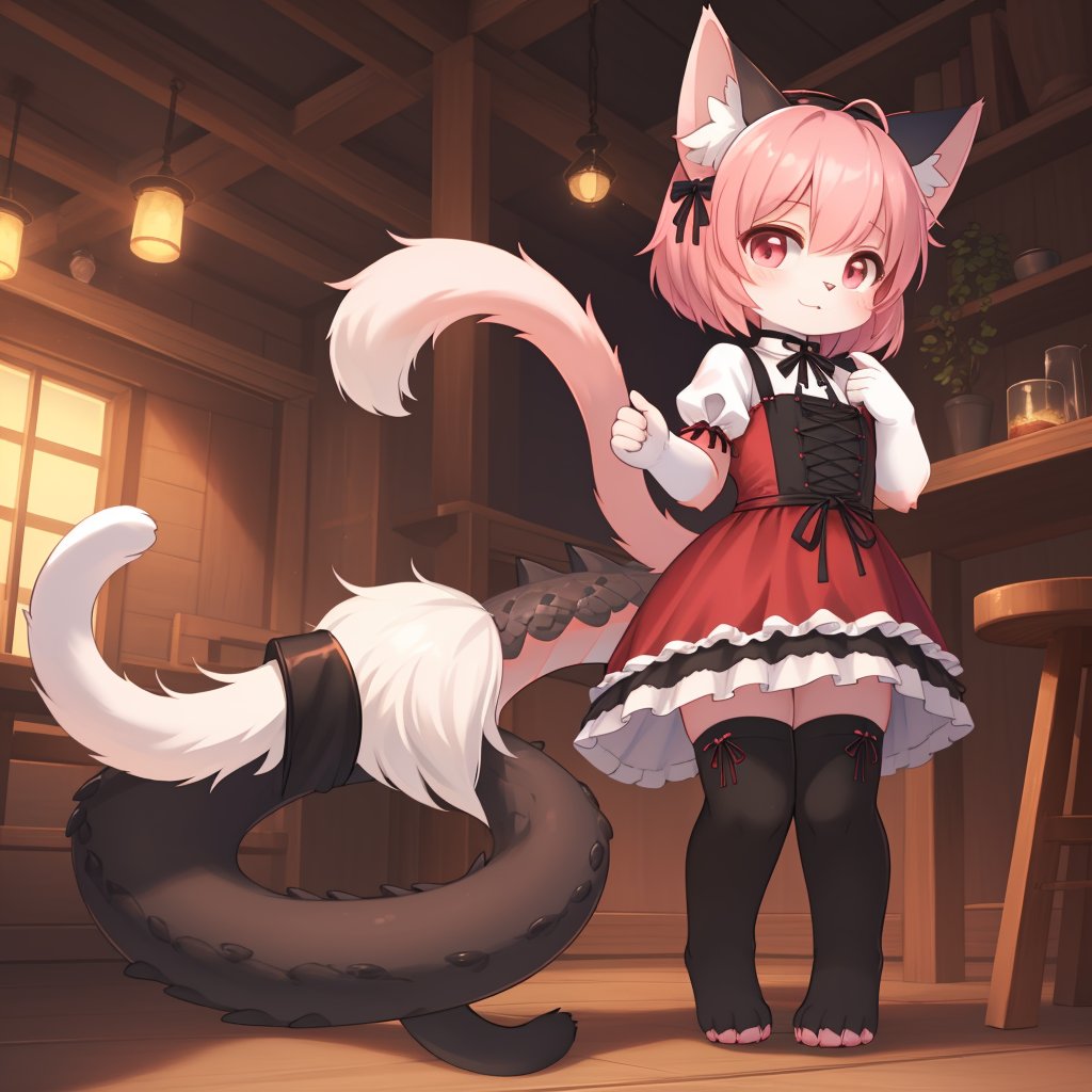 full body, loli dragon neko, her skins is dark color dragon scales, she has cat ears, she has a long fluffy cat tails the cones from her behind, she is wearing a lolita dress that is a mixed pattern color of red and pink and also black