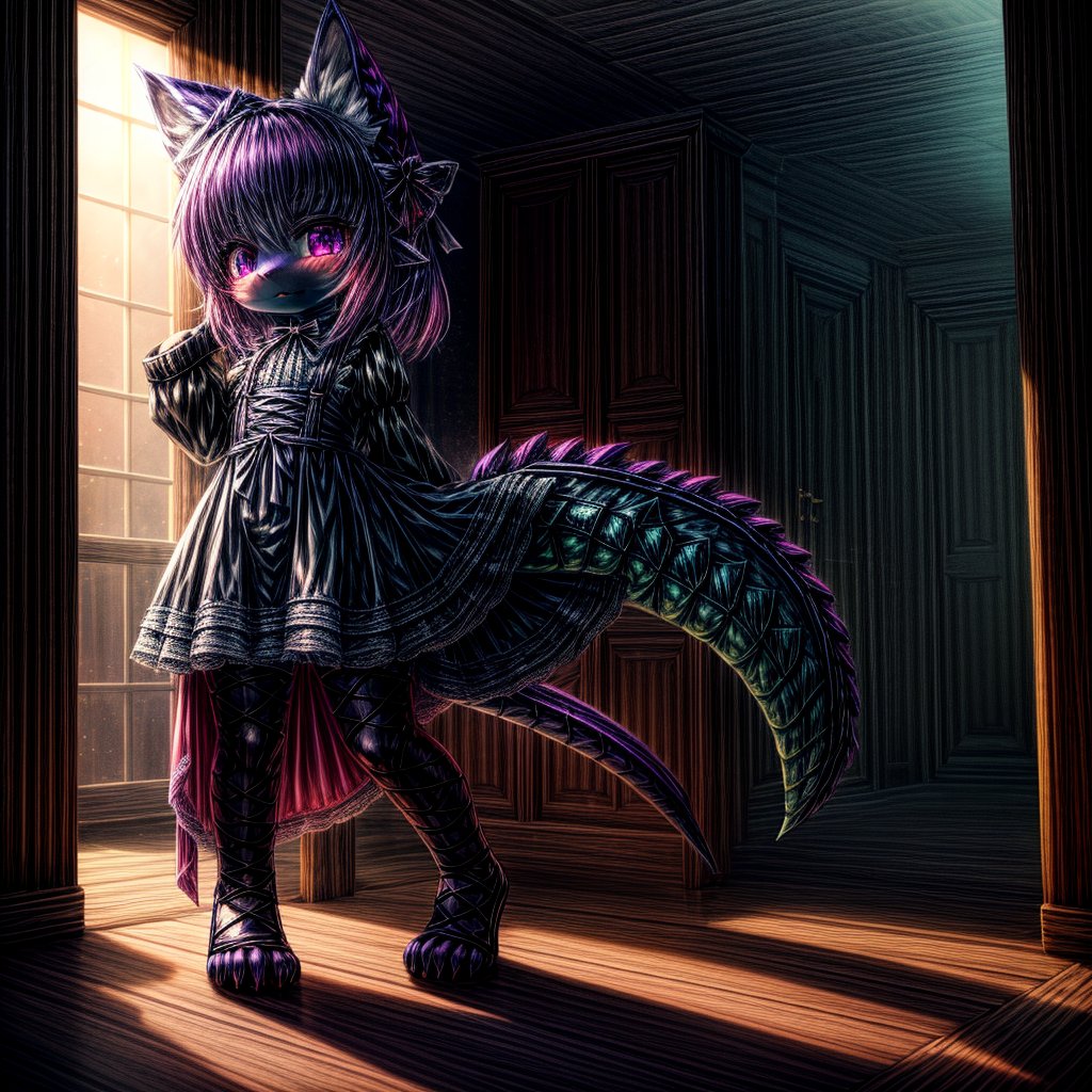 ((((full body)))), A majestic loli dragon neko stands before us. Her dark-scaled skin glistens in the soft, warm light, as if infused with an inner glow. Feline features are prominent - cat ears perked up and a long, fluffy tail extending from her posterior. A Lolita dress of mixed red, pink, and black patterns wraps around her slender form, creating a striking contrast against her dark scales. The overall composition is framed by a subtle gradient of blues and purples in the background, subtly evoking a sense of mystique and wonder.,green reptile hands,Monster girl,Dragon girl