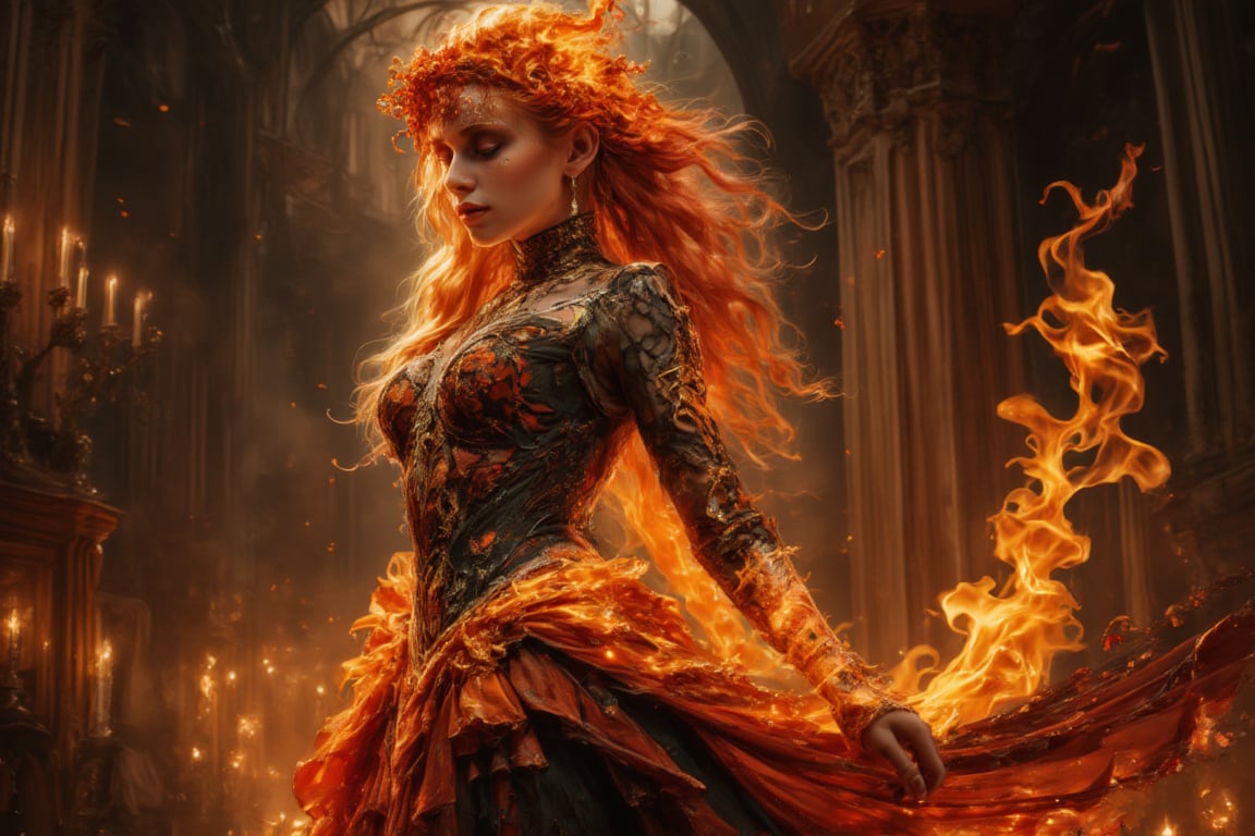 **The Flame's Embrace:** Imagine a gothic-inspired ritual where a girl composed of flames performs a dance in an old, gothic chapel. Her fiery dress and intricate, dark patterns create an enchanting contrast against the dim, candlelit surroundings.,Details,Skin texture,Details,Skin texture,Details,Skin texture,Details,Skin texture,Details,Skin texture 