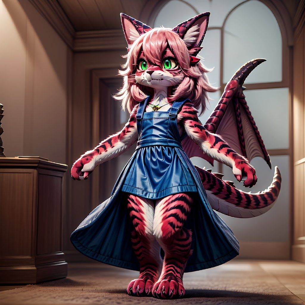 ((((full body)))), A majestic loli dragon neko stands before us. Her dark-scaled skin glistens in the soft, warm light, as if infused with an inner glow. Feline features are prominent - cat ears perked up and a long, fluffy tail extending from her posterior. A Lolita dress of mixed red, pink, and black patterns wraps around her slender form, creating a striking contrast against her dark scales. The overall composition is framed by a subtle gradient of blues and purples in the background, subtly evoking a sense of mystique and wonder.,green reptile hands,Monster girl,Dragon girl,furry,furry female,body fur,animal ear fluff,animal ears,fang