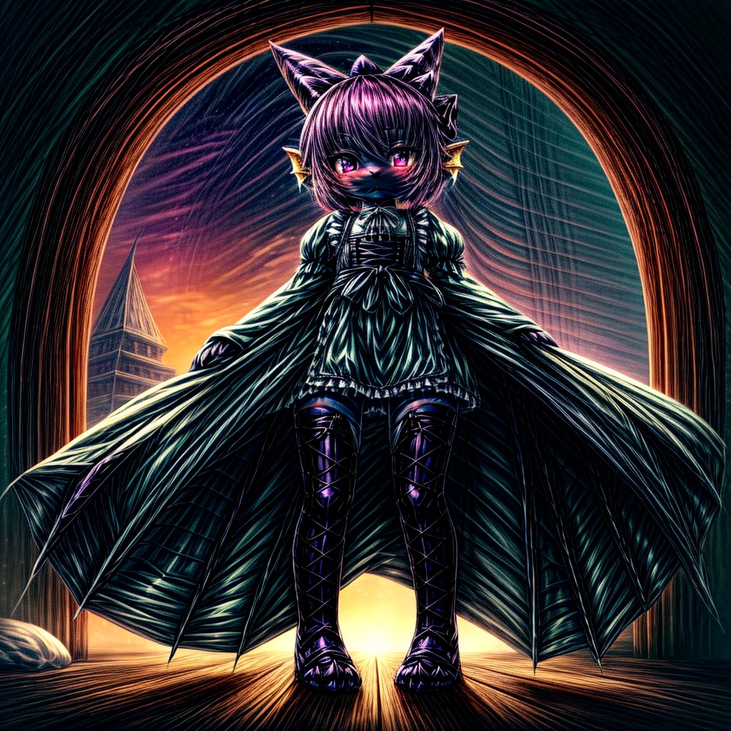 ((((full body)))), A majestic loli dragon neko stands before us. Her dark-scaled skin glistens in the soft, warm light, as if infused with an inner glow. Feline features are prominent - cat ears perked up and a long, fluffy tail extending from her posterior. A Lolita dress of mixed red, pink, and black patterns wraps around her slender form, creating a striking contrast against her dark scales. The overall composition is framed by a subtle gradient of blues and purples in the background, subtly evoking a sense of mystique and wonder.,green reptile hands,Monster girl,Dragon girl