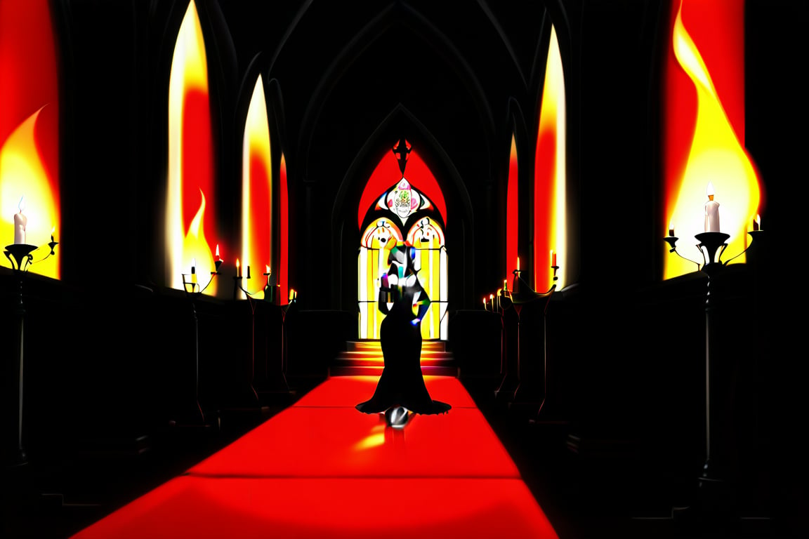 gothic-inspired ritual where a girl composed of flames performs a dance in an old, gothic chapel. Her fiery dress and intricate, dark patterns create an enchanting contrast against the dim, candlelit surroundings.