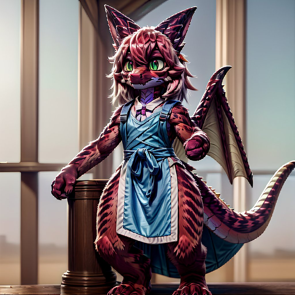 ((((full body)))), A majestic loli dragon neko stands before us. Her dark-scaled skin glistens in the soft, warm light, as if infused with an inner glow. Feline features are prominent - cat ears perked up and a long, fluffy tail extending from her posterior. A Lolita dress of mixed red, pink, and black patterns wraps around her slender form, creating a striking contrast against her dark scales. The overall composition is framed by a subtle gradient of blues and purples in the background, subtly evoking a sense of mystique and wonder.,green reptile hands,Monster girl,Dragon girl,furry,furry female,body fur,animal ear fluff,animal ears,fang