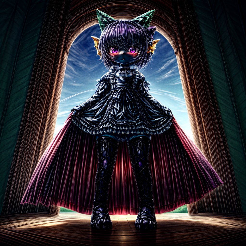 ((((full body)))), A majestic loli dragon neko stands before us. Her dark-scaled skin glistens in the soft, warm light, as if infused with an inner glow. Feline features are prominent - cat ears perked up and a long, fluffy tail extending from her posterior. A Lolita dress of mixed red, pink, and black patterns wraps around her slender form, creating a striking contrast against her dark scales. The overall composition is framed by a subtle gradient of blues and purples in the background, subtly evoking a sense of mystique and wonder.,green reptile hands,Monster girl,Dragon girl