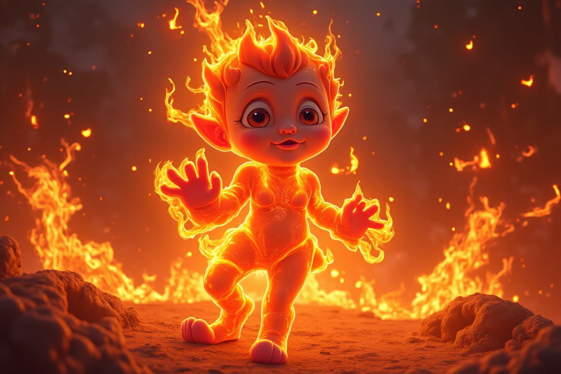 A fiery inferno engulfs the frame as a mesmerizing little girl's body is sculpted from blazing flames. Her porcelain-like skin glows with an ethereal warmth, as if kissed by the divine. Golden hues dance across her features, casting a radiant glow on the darkened surroundings. Full-body shot captures the fluid, fiery form, with tendrils of flame curling around her tiny hands and toes.,cartoon art