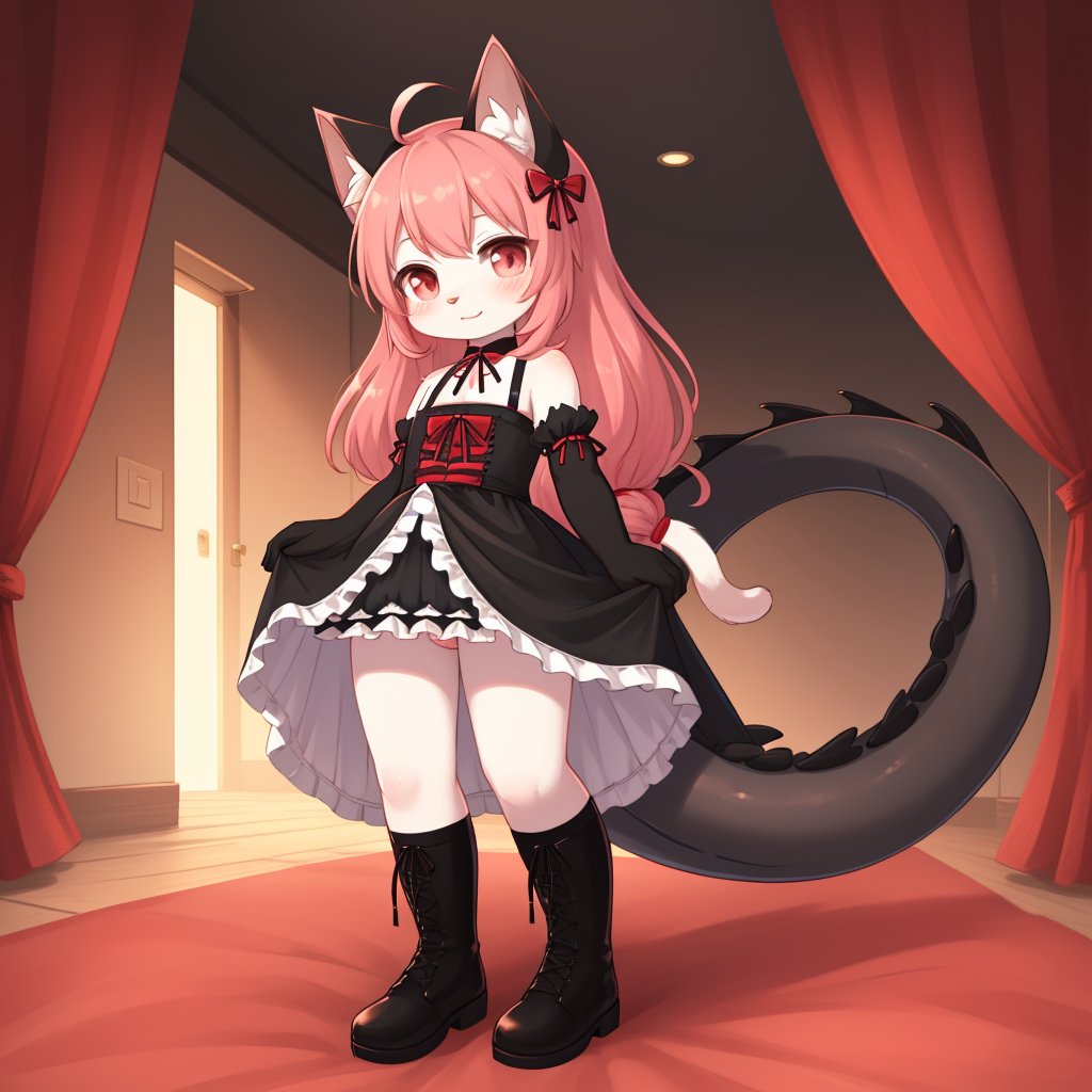 full body, loli dragon neko, her skins is dark color dragon scales, she has cat ears, she has a long fluffy cat tails the cones from her behind, she is wearing a lolita dress that is a mixed pattern color of red and pink and also black