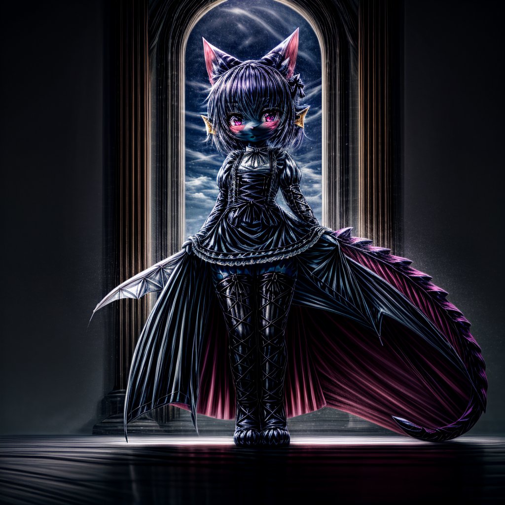 ((((full body)))), A majestic loli dragon neko stands before us. Her dark-scaled skin glistens in the soft, warm light, as if infused with an inner glow. Feline features are prominent - cat ears perked up and a long, fluffy tail extending from her posterior. A Lolita dress of mixed red, pink, and black patterns wraps around her slender form, creating a striking contrast against her dark scales. The overall composition is framed by a subtle gradient of blues and purples in the background, subtly evoking a sense of mystique and wonder.,green reptile hands,Monster girl,Dragon girl