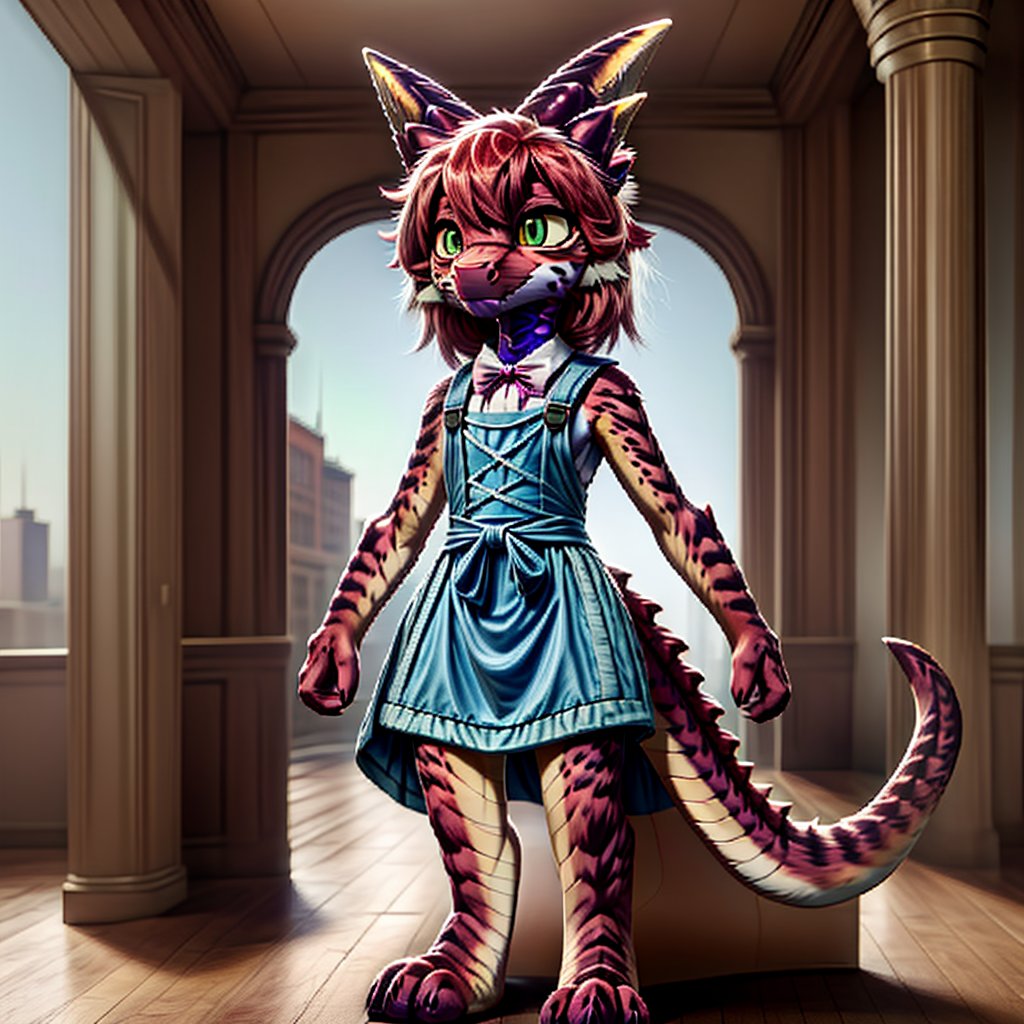 ((((full body)))), A majestic loli dragon neko stands before us. Her dark-scaled skin glistens in the soft, warm light, as if infused with an inner glow. Feline features are prominent - cat ears perked up and a long, fluffy tail extending from her posterior. A Lolita dress of mixed red, pink, and black patterns wraps around her slender form, creating a striking contrast against her dark scales. The overall composition is framed by a subtle gradient of blues and purples in the background, subtly evoking a sense of mystique and wonder.,green reptile hands,Monster girl,Dragon girl,furry,furry female,body fur,animal ear fluff,animal ears,fang