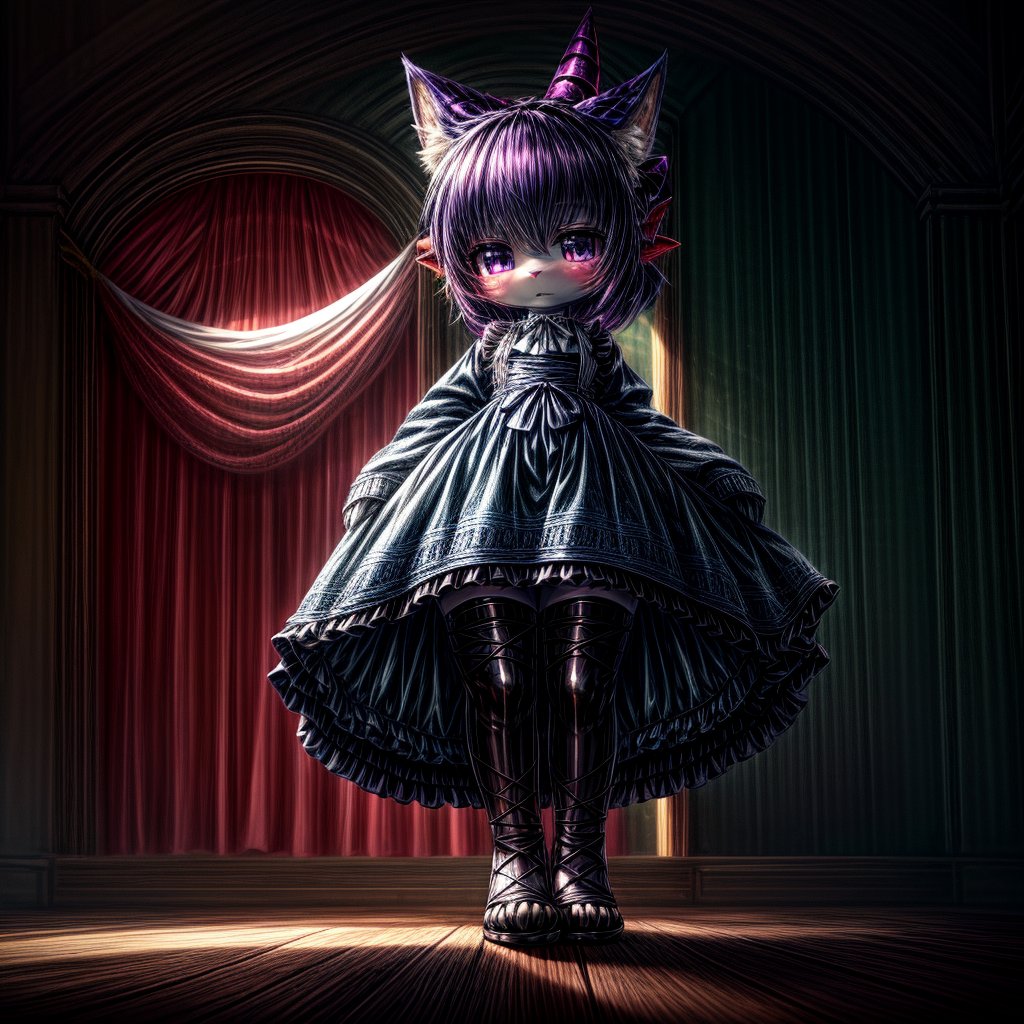 ((((full body)))), A majestic loli dragon neko stands before us. Her dark-scaled skin glistens in the soft, warm light, as if infused with an inner glow. Feline features are prominent - cat ears perked up and a long, fluffy tail extending from her posterior. A Lolita dress of mixed red, pink, and black patterns wraps around her slender form, creating a striking contrast against her dark scales. The overall composition is framed by a subtle gradient of blues and purples in the background, subtly evoking a sense of mystique and wonder.,green reptile hands,Monster girl,Dragon girl