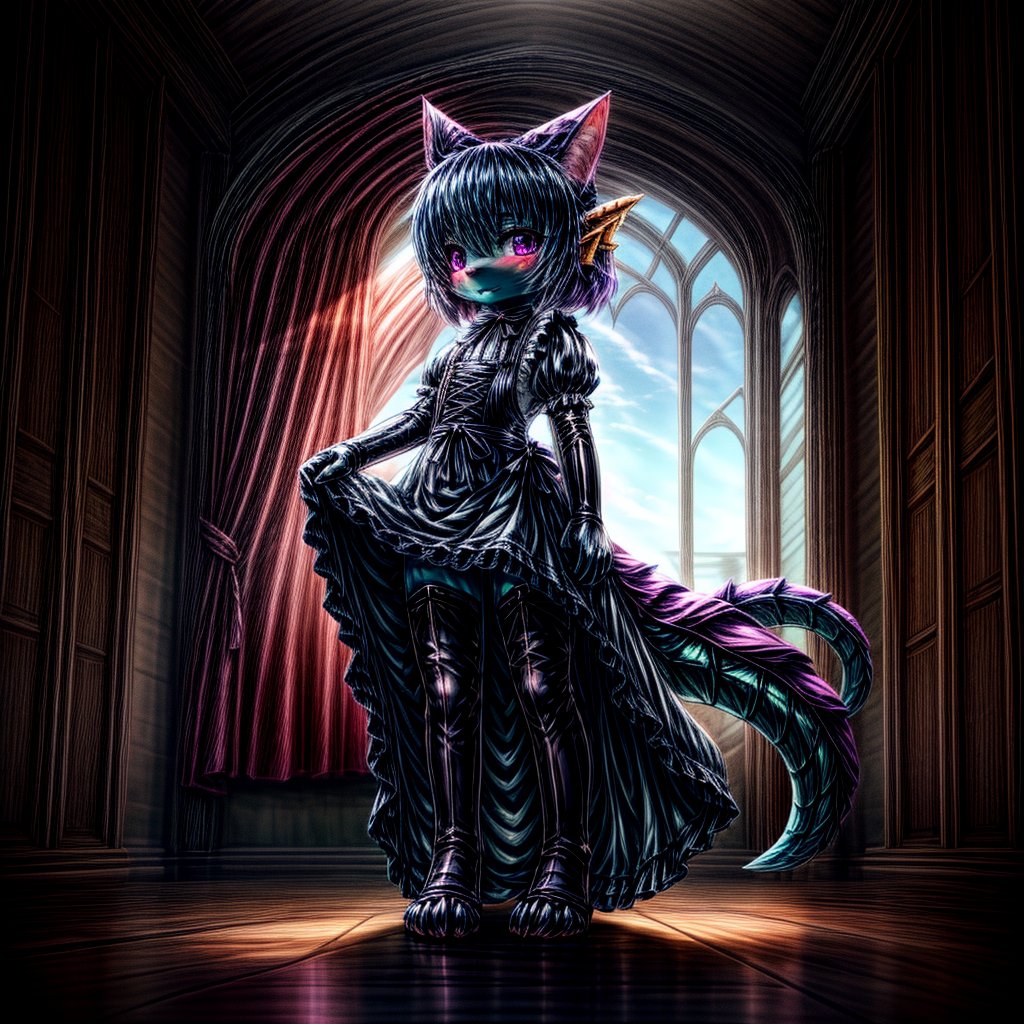 ((((full body)))), A majestic loli dragon neko stands before us. Her dark-scaled skin glistens in the soft, warm light, as if infused with an inner glow. Feline features are prominent - cat ears perked up and a long, fluffy tail extending from her posterior. A Lolita dress of mixed red, pink, and black patterns wraps around her slender form, creating a striking contrast against her dark scales. The overall composition is framed by a subtle gradient of blues and purples in the background, subtly evoking a sense of mystique and wonder.,green reptile hands,Monster girl,Dragon girl