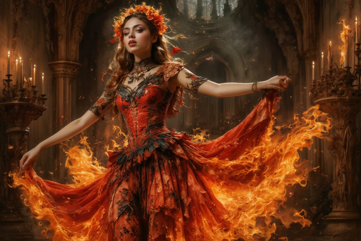 **The Flame's Embrace:** Imagine a gothic-inspired ritual where a girl composed of flames performs a dance in an old, gothic chapel. Her fiery dress and intricate, dark patterns create an enchanting contrast against the dim, candlelit surroundings.,Details,Skin texture,Details,Skin texture,Details,Skin texture,Details,Skin texture,Details,Skin texture,Details 