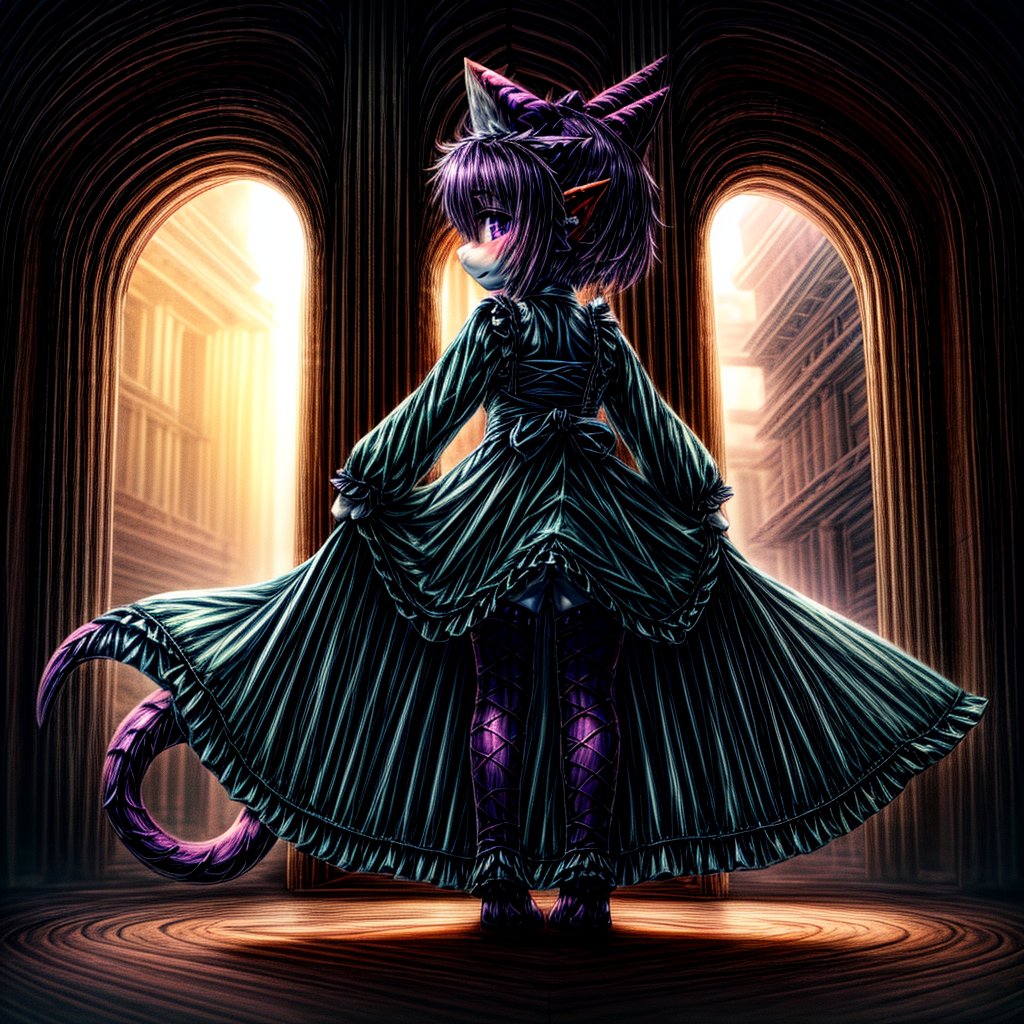 ((((full body)))), A majestic loli dragon neko stands before us. Her dark-scaled skin glistens in the soft, warm light, as if infused with an inner glow. Feline features are prominent - cat ears perked up and a long, fluffy tail extending from her posterior. A Lolita dress of mixed red, pink, and black patterns wraps around her slender form, creating a striking contrast against her dark scales. The overall composition is framed by a subtle gradient of blues and purples in the background, subtly evoking a sense of mystique and wonder.,green reptile hands,Monster girl,Dragon girl