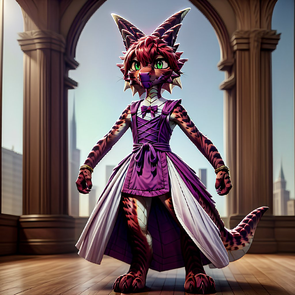 ((((full body)))), A majestic loli dragon neko stands before us. Her dark-scaled skin glistens in the soft, warm light, as if infused with an inner glow. Feline features are prominent - cat ears perked up and a long, fluffy tail extending from her posterior. A Lolita dress of mixed red, pink, and black patterns wraps around her slender form, creating a striking contrast against her dark scales. The overall composition is framed by a subtle gradient of blues and purples in the background, subtly evoking a sense of mystique and wonder.,green reptile hands,Monster girl,Dragon girl,furry,furry female,body fur,animal ear fluff,animal ears,fang