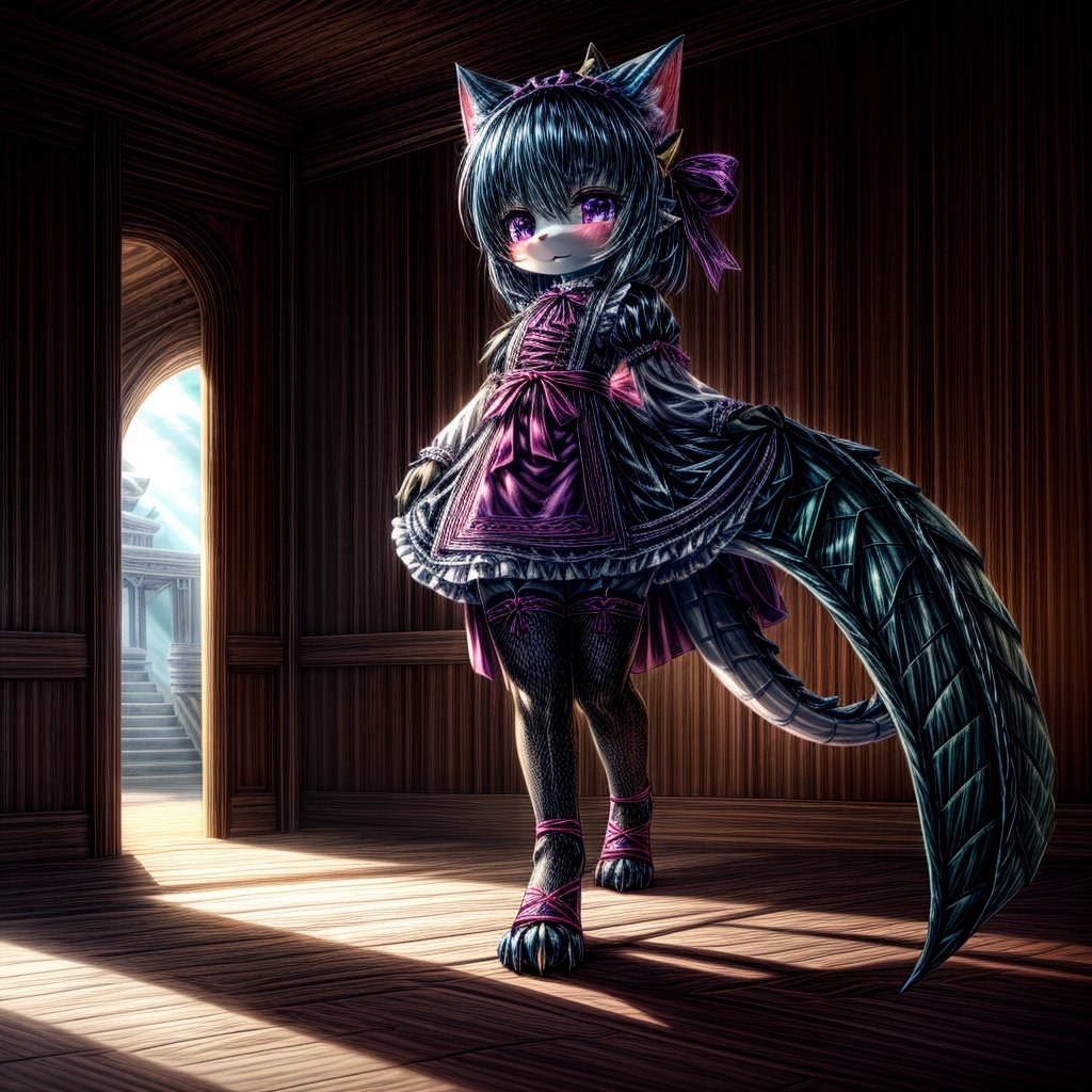 ((((full body)))), A majestic loli dragon neko stands before us. Her dark-scaled skin glistens in the soft, warm light, as if infused with an inner glow. Feline features are prominent - cat ears perked up and a long, fluffy tail extending from her posterior. A Lolita dress of mixed red, pink, and black patterns wraps around her slender form, creating a striking contrast against her dark scales. The overall composition is framed by a subtle gradient of blues and purples in the background, subtly evoking a sense of mystique and wonder.,green reptile hands,Monster girl,Dragon girl