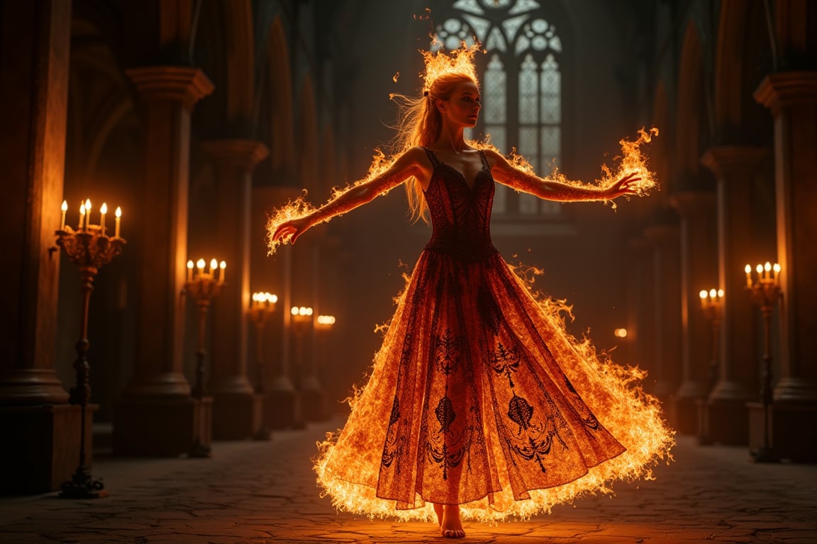 Imagine a gothic-inspired ritual where a girl composed of flames performs a dance in an old, gothic chapel. Her fiery dress and intricate, dark patterns create an enchanting contrast against the dim, candlelit surroundings.,photorealistic