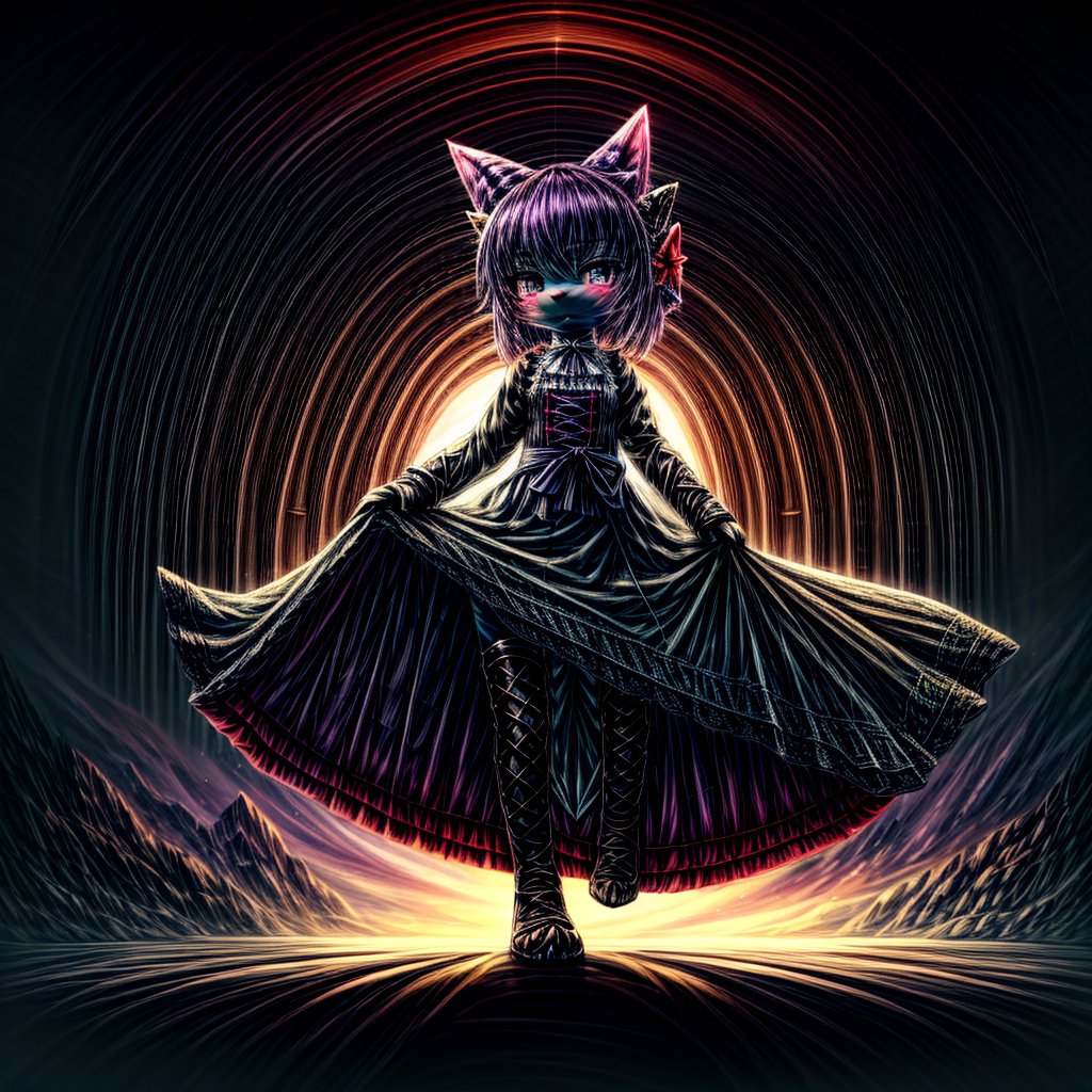 ((((full body)))), A majestic loli dragon neko stands before us. Her dark-scaled skin glistens in the soft, warm light, as if infused with an inner glow. Feline features are prominent - cat ears perked up and a long, fluffy tail extending from her posterior. A Lolita dress of mixed red, pink, and black patterns wraps around her slender form, creating a striking contrast against her dark scales. The overall composition is framed by a subtle gradient of blues and purples in the background, subtly evoking a sense of mystique and wonder.,green reptile hands,Monster girl,Dragon girl