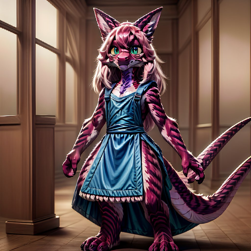 ((((full body)))), A majestic loli dragon neko stands before us. Her dark-scaled skin glistens in the soft, warm light, as if infused with an inner glow. Feline features are prominent - cat ears perked up and a long, fluffy tail extending from her posterior. A Lolita dress of mixed red, pink, and black patterns wraps around her slender form, creating a striking contrast against her dark scales. The overall composition is framed by a subtle gradient of blues and purples in the background, subtly evoking a sense of mystique and wonder.,green reptile hands,Monster girl,Dragon girl,furry,furry female,body fur,animal ear fluff,animal ears,fang