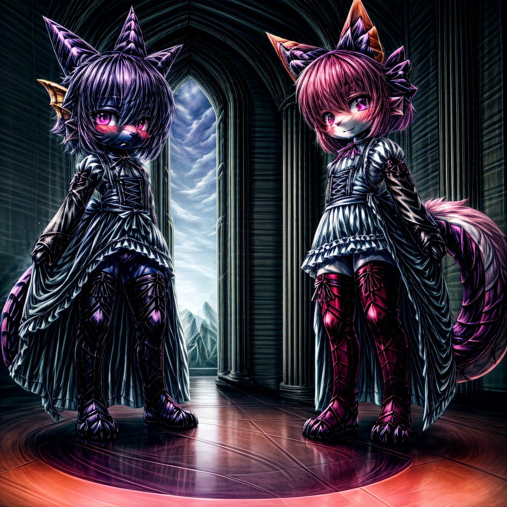 ((((full body)))), A majestic loli dragon neko stands before us. Her dark-scaled skin glistens in the soft, warm light, as if infused with an inner glow. Feline features are prominent - cat ears perked up and a long, fluffy tail extending from her posterior. A Lolita dress of mixed red, pink, and black patterns wraps around her slender form, creating a striking contrast against her dark scales. The overall composition is framed by a subtle gradient of blues and purples in the background, subtly evoking a sense of mystique and wonder.,green reptile hands,Monster girl,Dragon girl