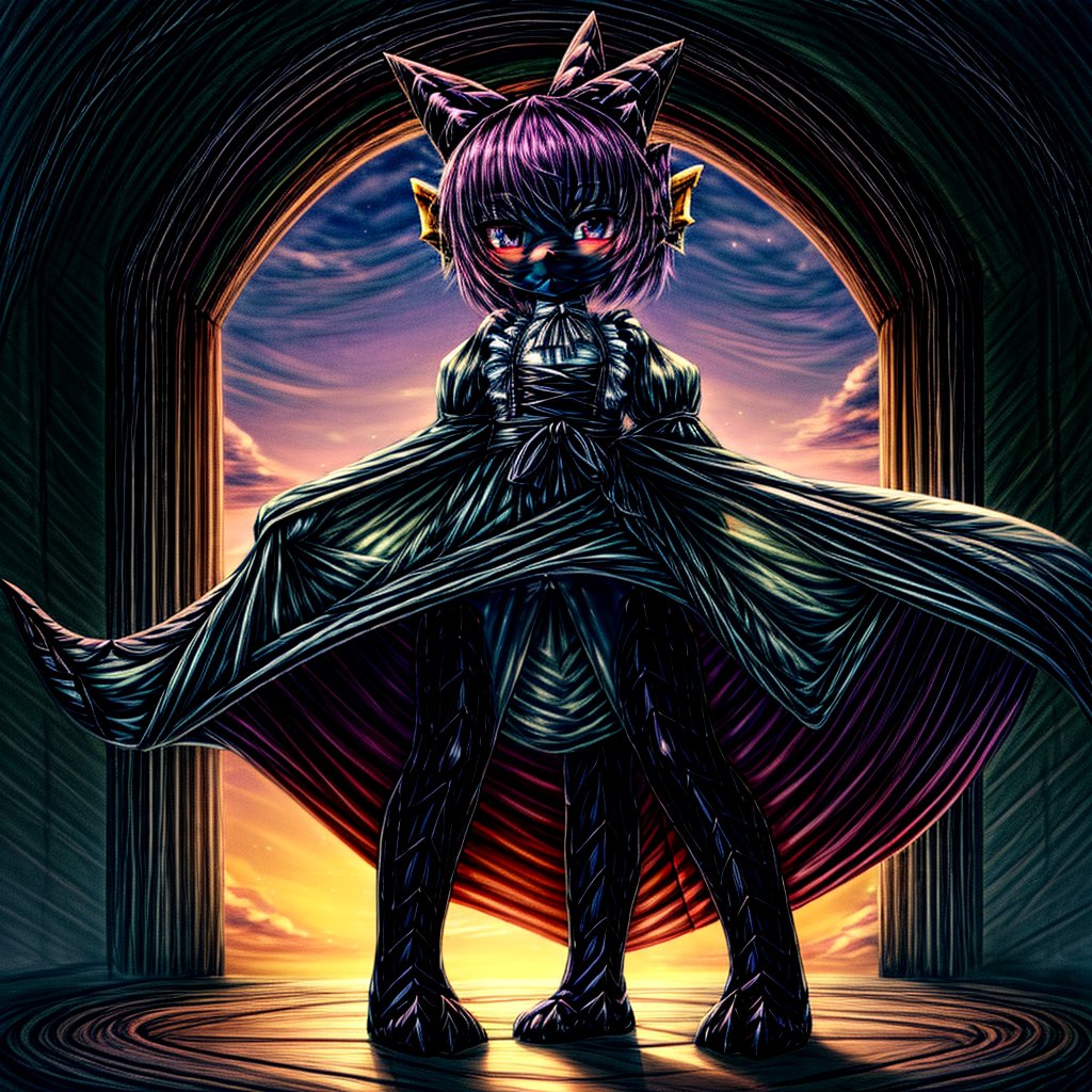 ((((full body)))), A majestic loli dragon neko stands before us. Her dark-scaled skin glistens in the soft, warm light, as if infused with an inner glow. Feline features are prominent - cat ears perked up and a long, fluffy tail extending from her posterior. A Lolita dress of mixed red, pink, and black patterns wraps around her slender form, creating a striking contrast against her dark scales. The overall composition is framed by a subtle gradient of blues and purples in the background, subtly evoking a sense of mystique and wonder.,green reptile hands,Monster girl,Dragon girl