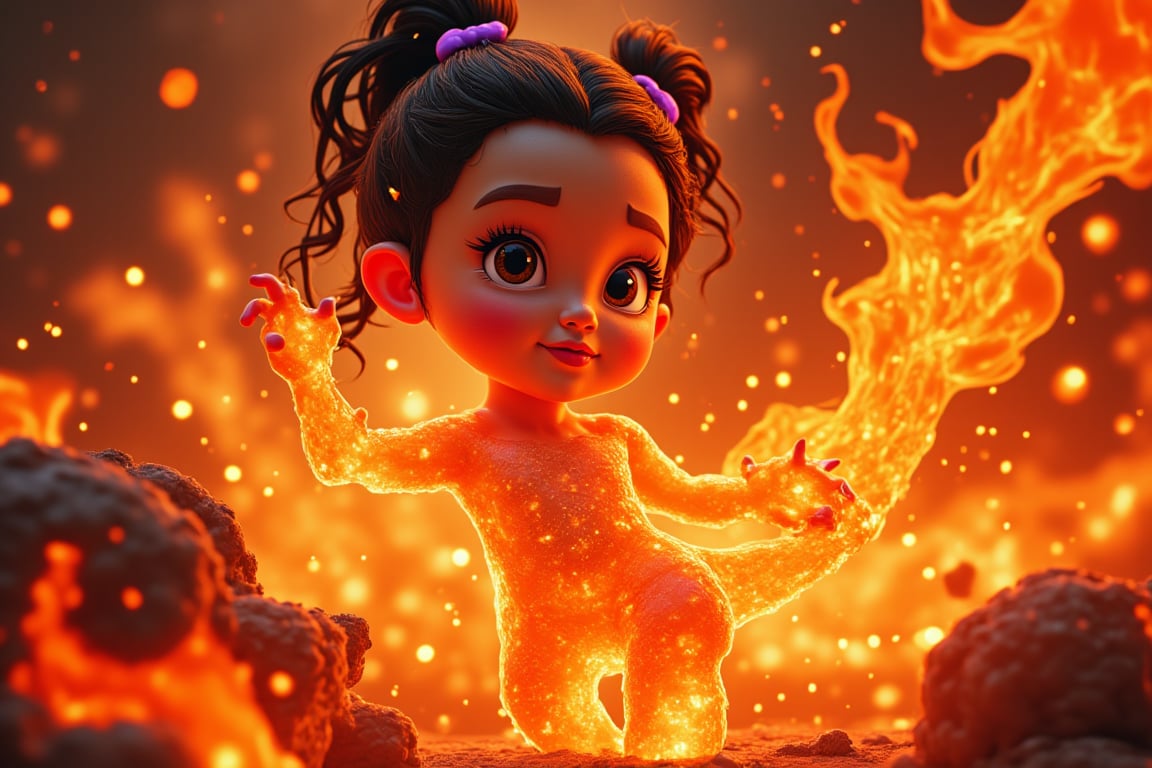 A fiery inferno engulfs the frame as a mesmerizing little girl's body is sculpted from blazing flames. Her porcelain-like skin glows with an ethereal warmth, as if kissed by the divine. Golden hues dance across her features, casting a radiant glow on the darkened surroundings. Full-body shot captures the fluid, fiery form, with tendrils of flame curling around her tiny hands and toes.,cartoon art