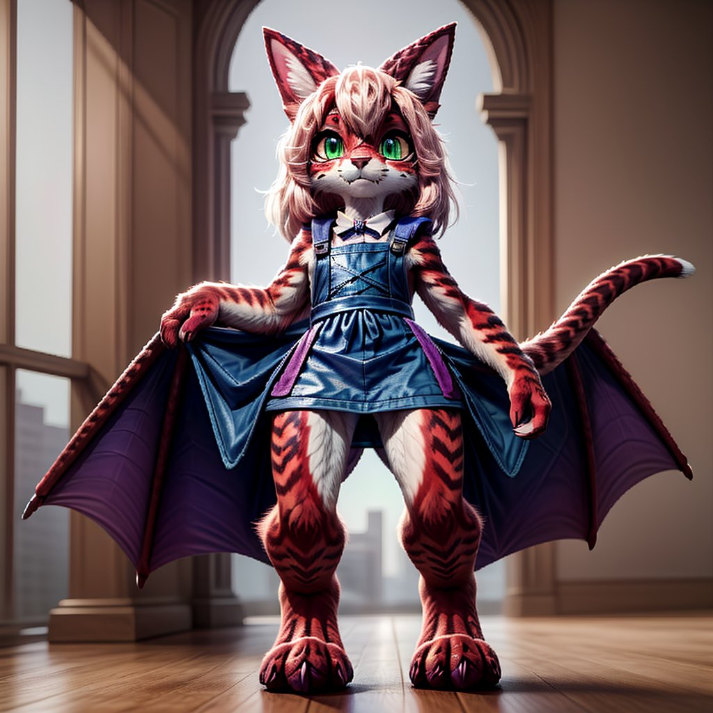 ((((full body)))), A majestic loli dragon neko stands before us. Her dark-scaled skin glistens in the soft, warm light, as if infused with an inner glow. Feline features are prominent - cat ears perked up and a long, fluffy tail extending from her posterior. A Lolita dress of mixed red, pink, and black patterns wraps around her slender form, creating a striking contrast against her dark scales. The overall composition is framed by a subtle gradient of blues and purples in the background, subtly evoking a sense of mystique and wonder.,green reptile hands,Monster girl,Dragon girl,furry,furry female,body fur,animal ear fluff,animal ears,fang