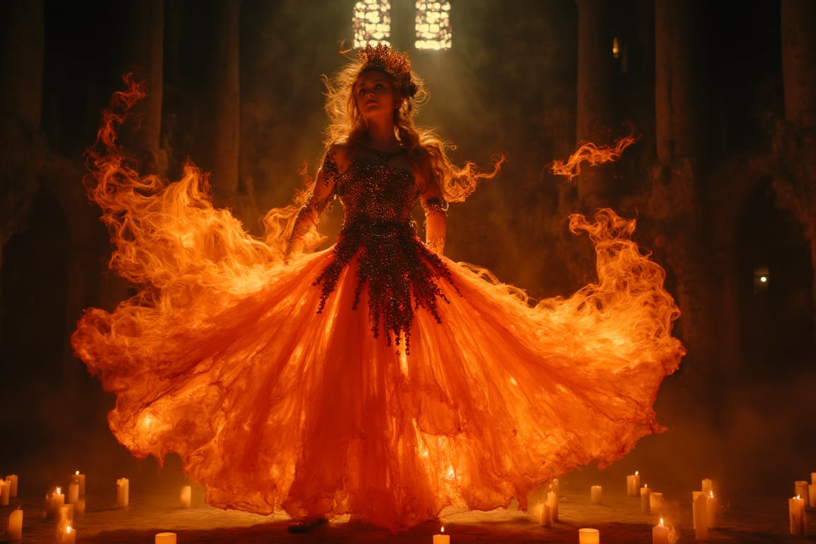 **The Flame's Embrace:** Imagine a gothic-inspired ritual where a girl composed of flames performs a dance in an old, gothic chapel. Her fiery dress and intricate, dark patterns create an enchanting contrast against the dim, candlelit surroundings.,Details,Skin texture,Details 