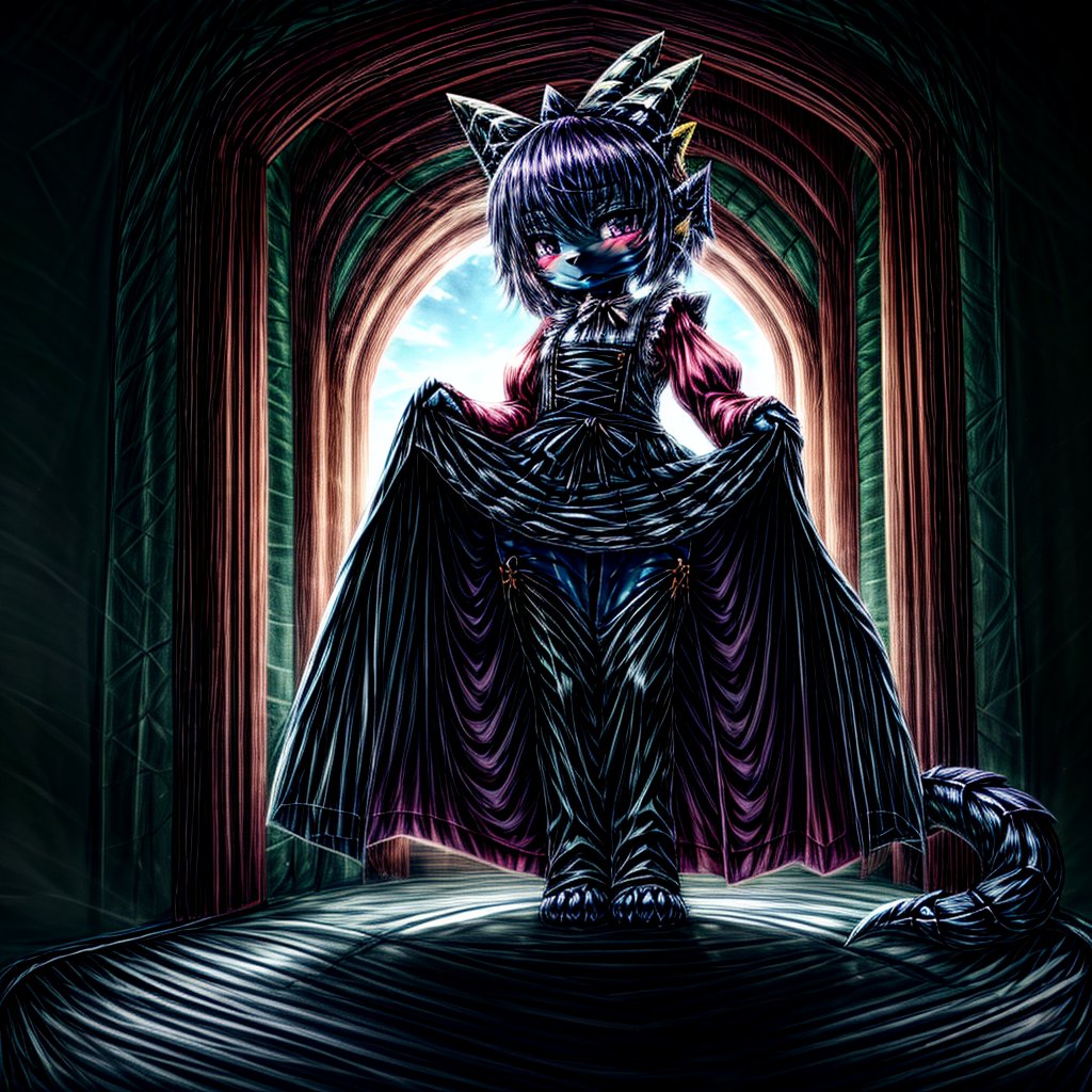 ((((full body)))), A majestic loli dragon neko stands before us. Her dark-scaled skin glistens in the soft, warm light, as if infused with an inner glow. Feline features are prominent - cat ears perked up and a long, fluffy tail extending from her posterior. A Lolita dress of mixed red, pink, and black patterns wraps around her slender form, creating a striking contrast against her dark scales. The overall composition is framed by a subtle gradient of blues and purples in the background, subtly evoking a sense of mystique and wonder.,green reptile hands,Monster girl,Dragon girl