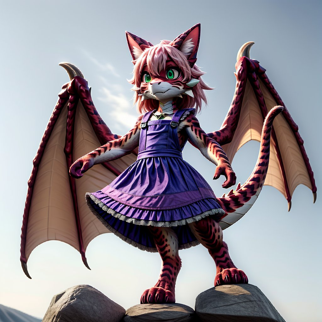 ((((full body)))), A majestic loli dragon neko stands before us. Her dark-scaled skin glistens in the soft, warm light, as if infused with an inner glow. Feline features are prominent - cat ears perked up and a long, fluffy tail extending from her posterior. A Lolita dress of mixed red, pink, and black patterns wraps around her slender form, creating a striking contrast against her dark scales. The overall composition is framed by a subtle gradient of blues and purples in the background, subtly evoking a sense of mystique and wonder.,green reptile hands,Monster girl,Dragon girl,furry,furry female,body fur,animal ear fluff,animal ears,fang