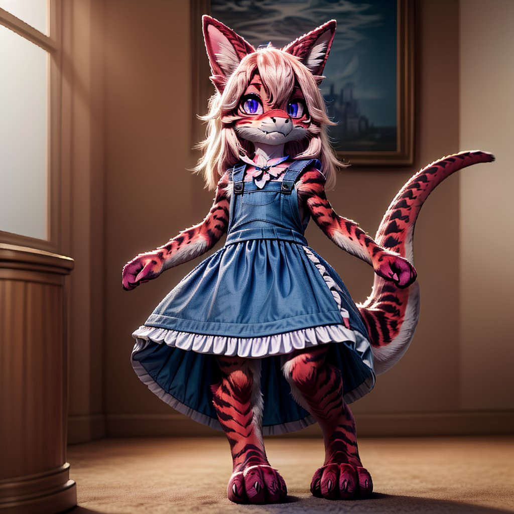 ((((full body)))), A majestic loli dragon neko stands before us. Her dark-scaled skin glistens in the soft, warm light, as if infused with an inner glow. Feline features are prominent - cat ears perked up and a long, fluffy tail extending from her posterior. A Lolita dress of mixed red, pink, and black patterns wraps around her slender form, creating a striking contrast against her dark scales. The overall composition is framed by a subtle gradient of blues and purples in the background, subtly evoking a sense of mystique and wonder.,green reptile hands,Monster girl,Dragon girl,furry,furry female,body fur,animal ear fluff,animal ears,fang