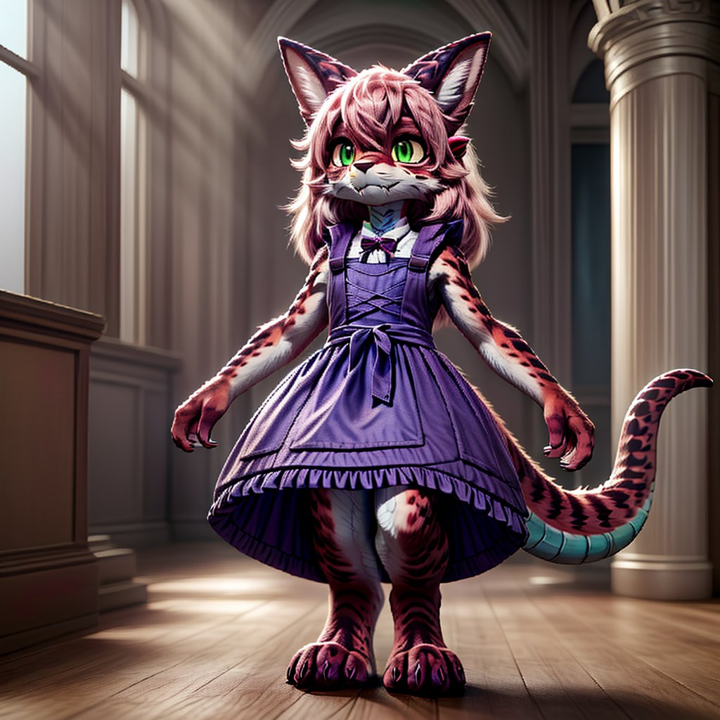 ((((full body)))), A majestic loli dragon neko stands before us. Her dark-scaled skin glistens in the soft, warm light, as if infused with an inner glow. Feline features are prominent - cat ears perked up and a long, fluffy tail extending from her posterior. A Lolita dress of mixed red, pink, and black patterns wraps around her slender form, creating a striking contrast against her dark scales. The overall composition is framed by a subtle gradient of blues and purples in the background, subtly evoking a sense of mystique and wonder.,green reptile hands,Monster girl,Dragon girl,furry,furry female,body fur,animal ear fluff,animal ears,fang