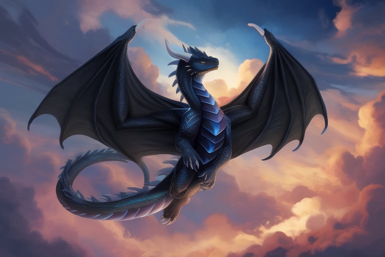 A majestic snake-like dragon with sharp claws soars through a turbulent sky, her metallic red and black scales shimmering as she weaves between the clouds.