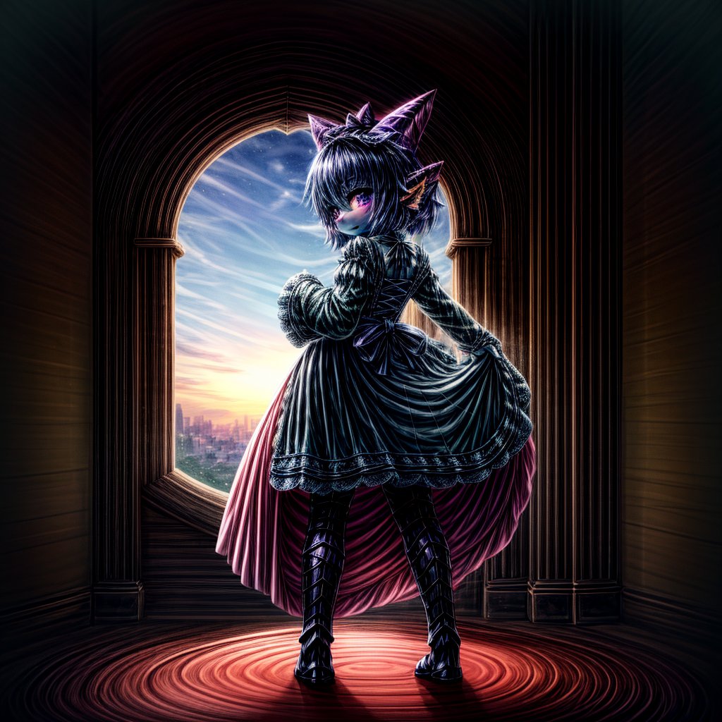 ((((full body)))), A majestic loli dragon neko stands before us. Her dark-scaled skin glistens in the soft, warm light, as if infused with an inner glow. Feline features are prominent - cat ears perked up and a long, fluffy tail extending from her posterior. A Lolita dress of mixed red, pink, and black patterns wraps around her slender form, creating a striking contrast against her dark scales. The overall composition is framed by a subtle gradient of blues and purples in the background, subtly evoking a sense of mystique and wonder.,green reptile hands,Monster girl,Dragon girl