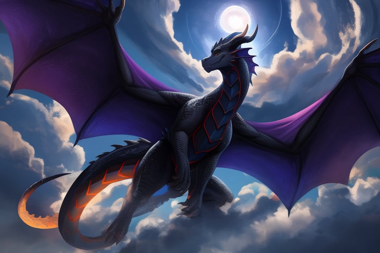 A majestic snake-like dragon with sharp claws soars through a turbulent sky, her metallic red and black scales shimmering as she weaves between the clouds.