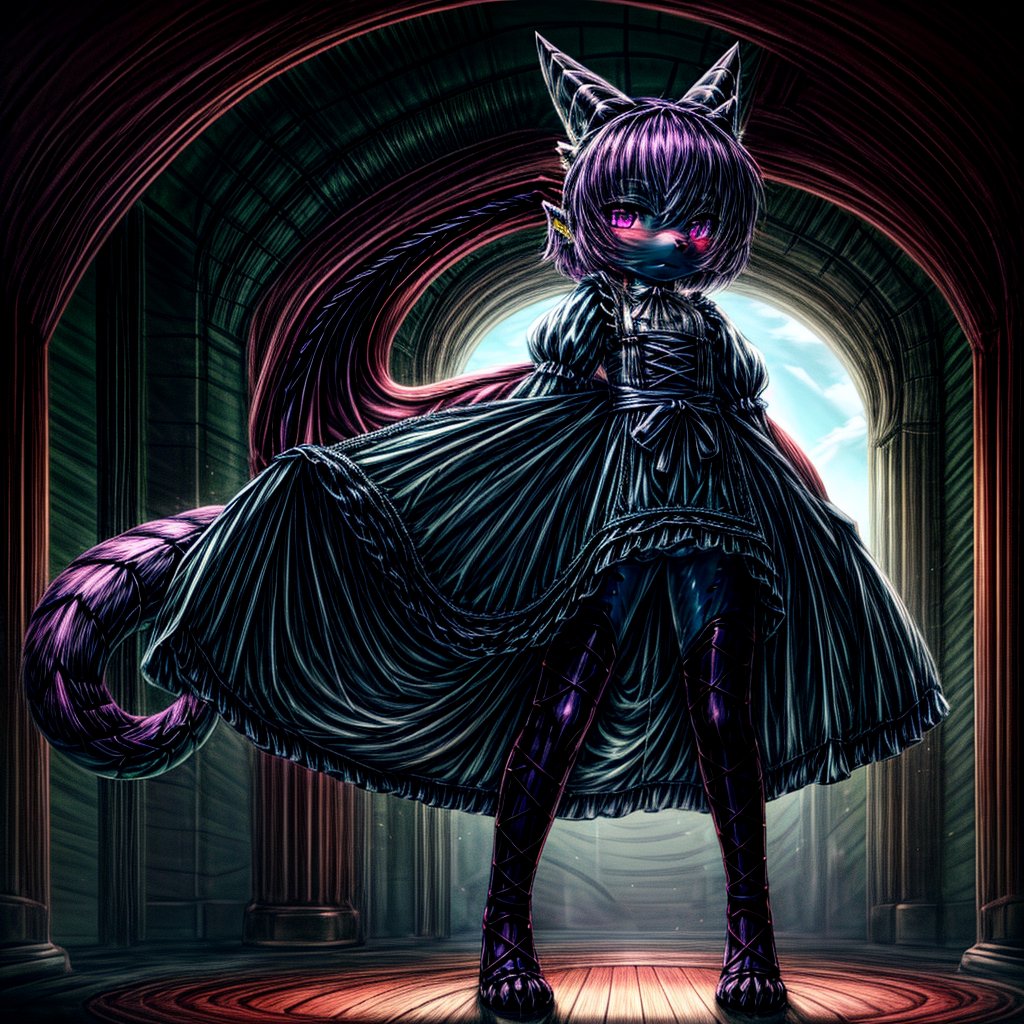 ((((full body)))), A majestic loli dragon neko stands before us. Her dark-scaled skin glistens in the soft, warm light, as if infused with an inner glow. Feline features are prominent - cat ears perked up and a long, fluffy tail extending from her posterior. A Lolita dress of mixed red, pink, and black patterns wraps around her slender form, creating a striking contrast against her dark scales. The overall composition is framed by a subtle gradient of blues and purples in the background, subtly evoking a sense of mystique and wonder.,green reptile hands,Monster girl,Dragon girl