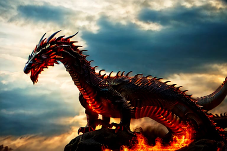 A majestic snake-like dragon with sharp claws soars through a turbulent sky, her metallic red and black scales shimmering as she weaves between the clouds. The camera zooms in on her scales as she banks to the left, revealing the textured patterns of her body. Clouds swirl around her like wisps of smoke, illuminated by warm sunlight casting long shadows across her form.