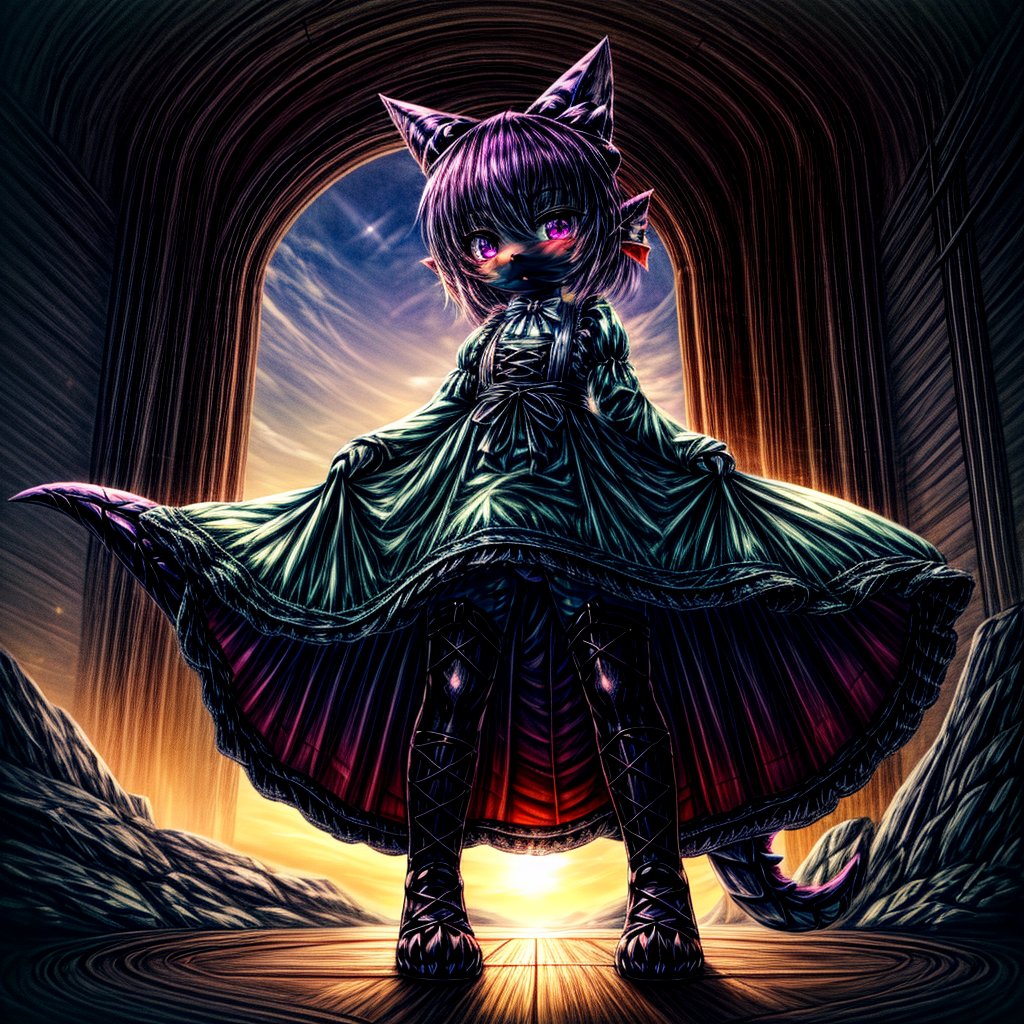 ((((full body)))), A majestic loli dragon neko stands before us. Her dark-scaled skin glistens in the soft, warm light, as if infused with an inner glow. Feline features are prominent - cat ears perked up and a long, fluffy tail extending from her posterior. A Lolita dress of mixed red, pink, and black patterns wraps around her slender form, creating a striking contrast against her dark scales. The overall composition is framed by a subtle gradient of blues and purples in the background, subtly evoking a sense of mystique and wonder.,green reptile hands,Monster girl,Dragon girl