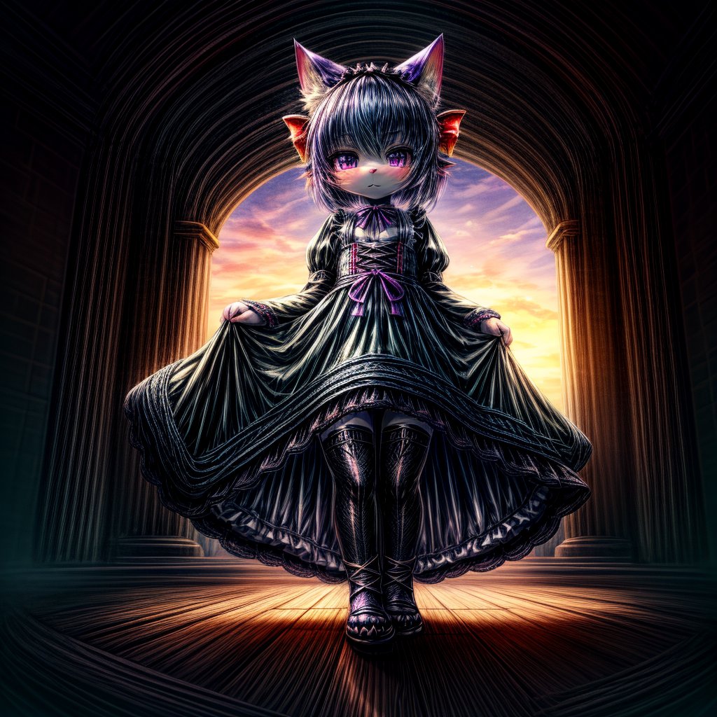 ((((full body)))), A majestic loli dragon neko stands before us. Her dark-scaled skin glistens in the soft, warm light, as if infused with an inner glow. Feline features are prominent - cat ears perked up and a long, fluffy tail extending from her posterior. A Lolita dress of mixed red, pink, and black patterns wraps around her slender form, creating a striking contrast against her dark scales. The overall composition is framed by a subtle gradient of blues and purples in the background, subtly evoking a sense of mystique and wonder.,green reptile hands,Monster girl,Dragon girl